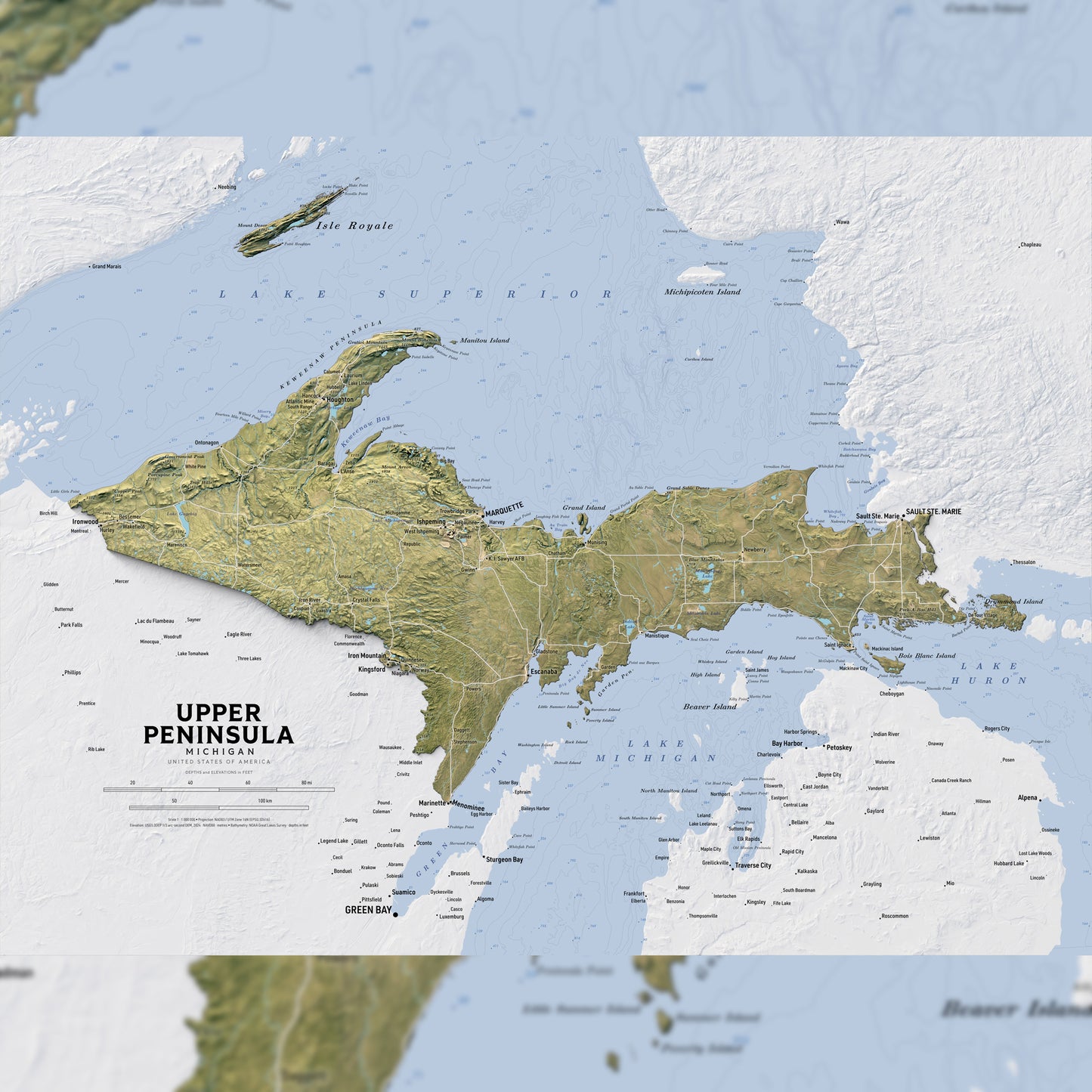 Shaded relief map of Upper Peninsula, Michigan (24x18 inches)