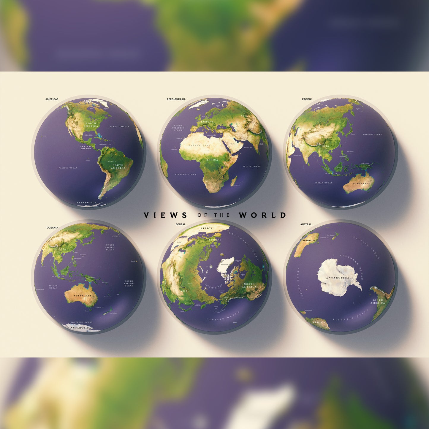 "Views of the World" – Multi-Angle Earth Perspectives Map Poster (36" x 24")
