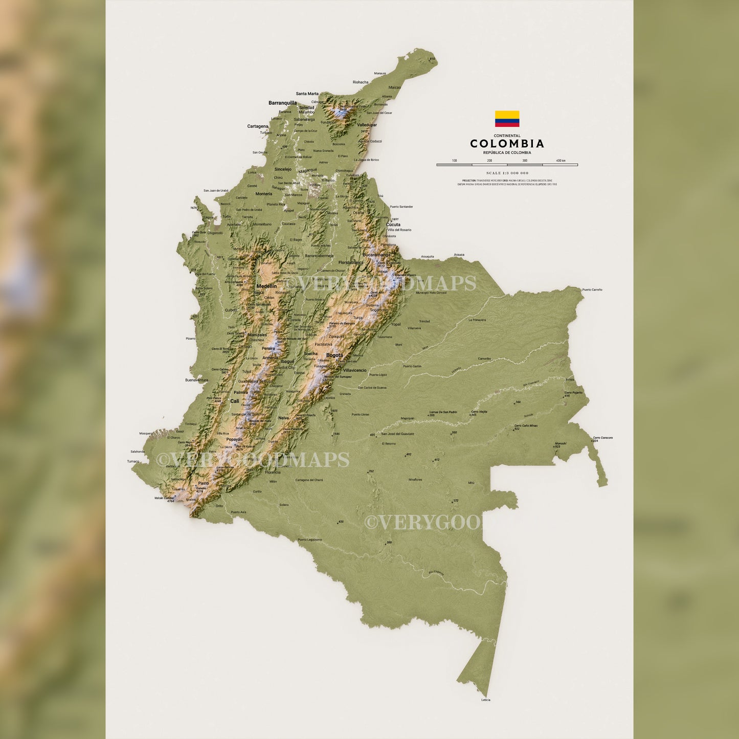 Colombia shaded relief map, printable file (50x70 cm, 240dpi JPG