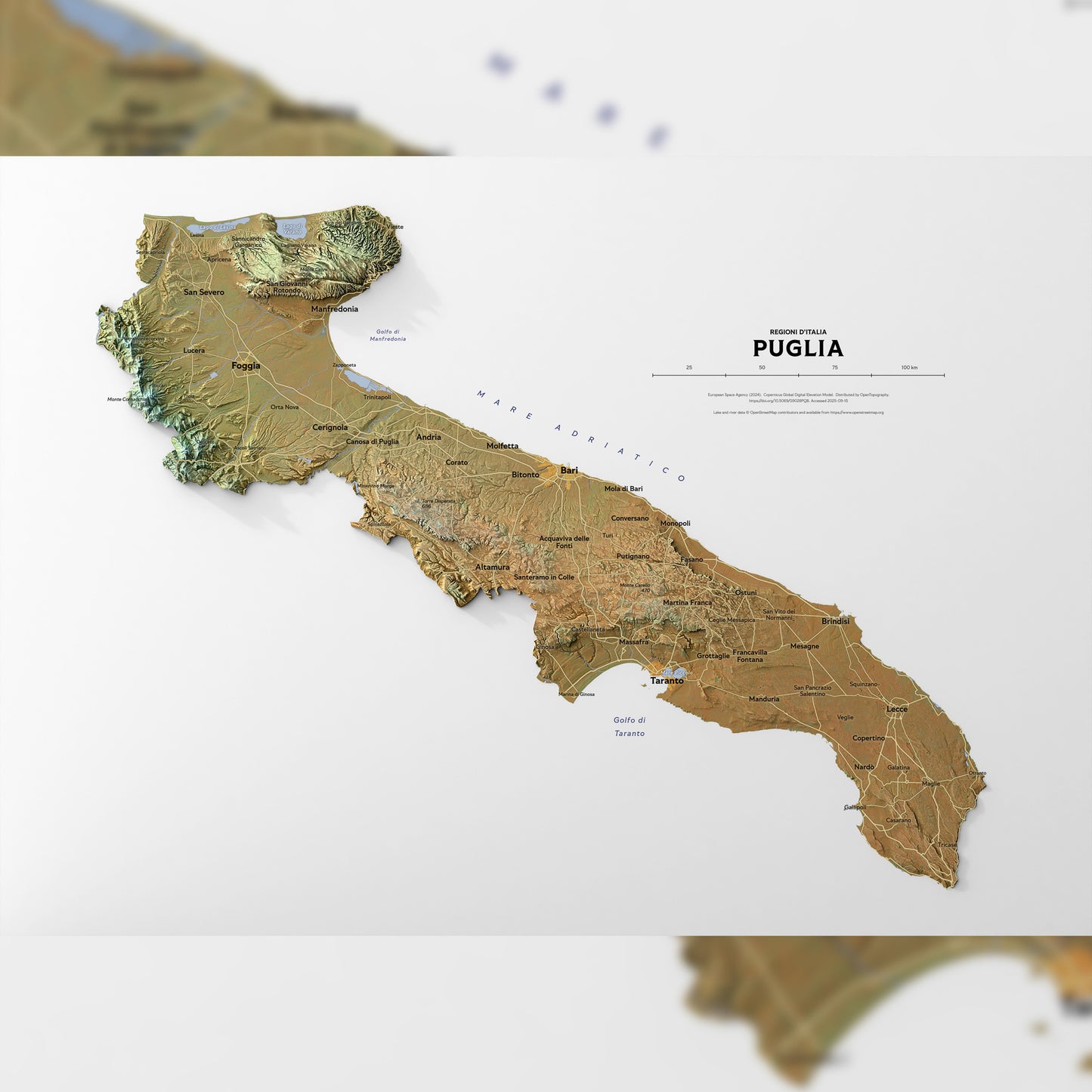 Shaded relief map of Puglia