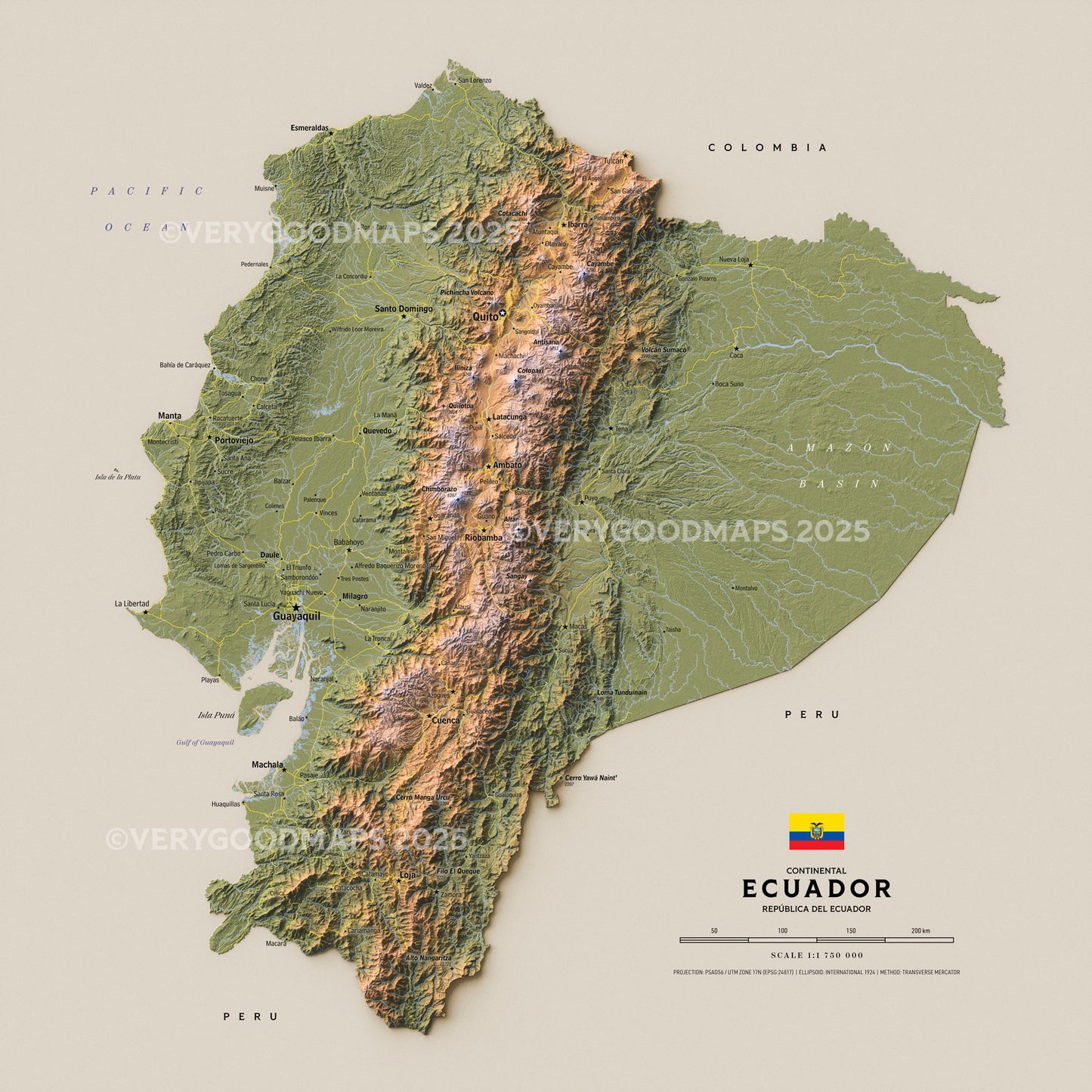 Shaded relief map of continental Ecuador (18x18 inches, 240 dpi JPG Printable file