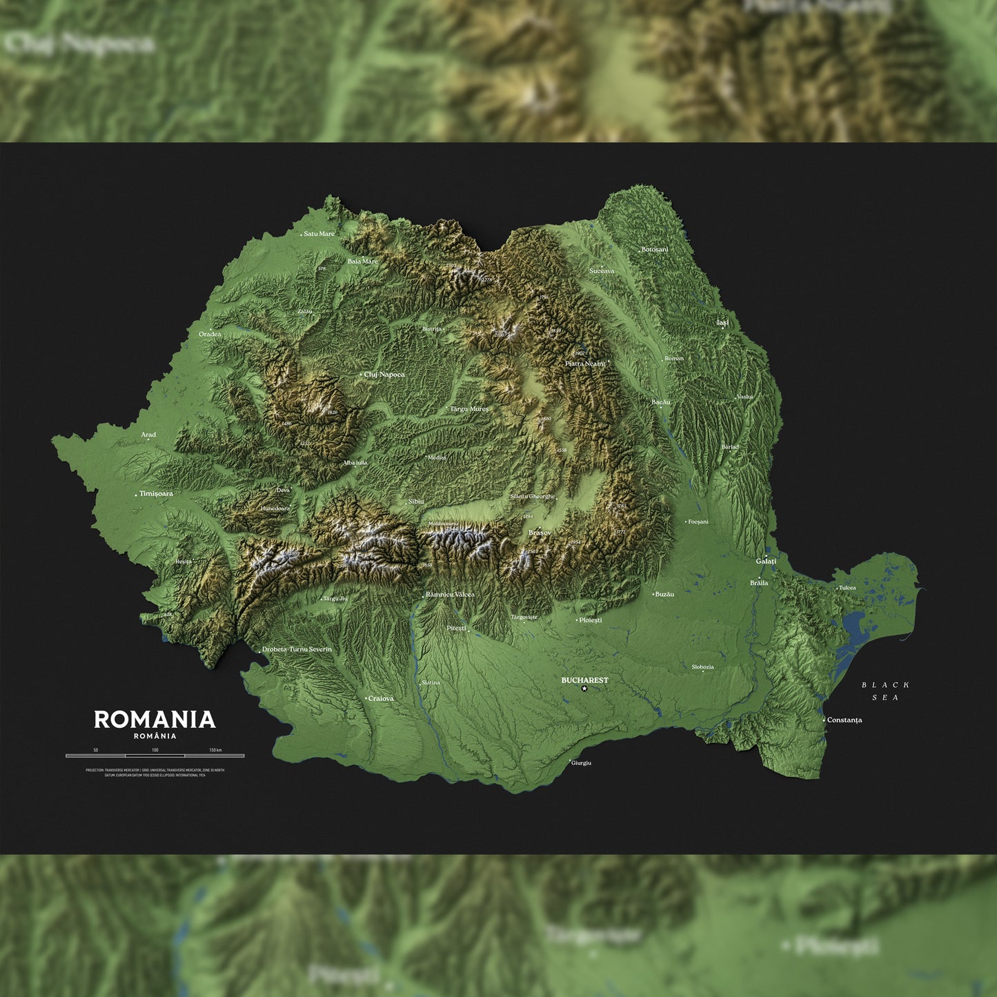 Romania Topographic Relief Map – Dark Edition Wall Art (2D Print)