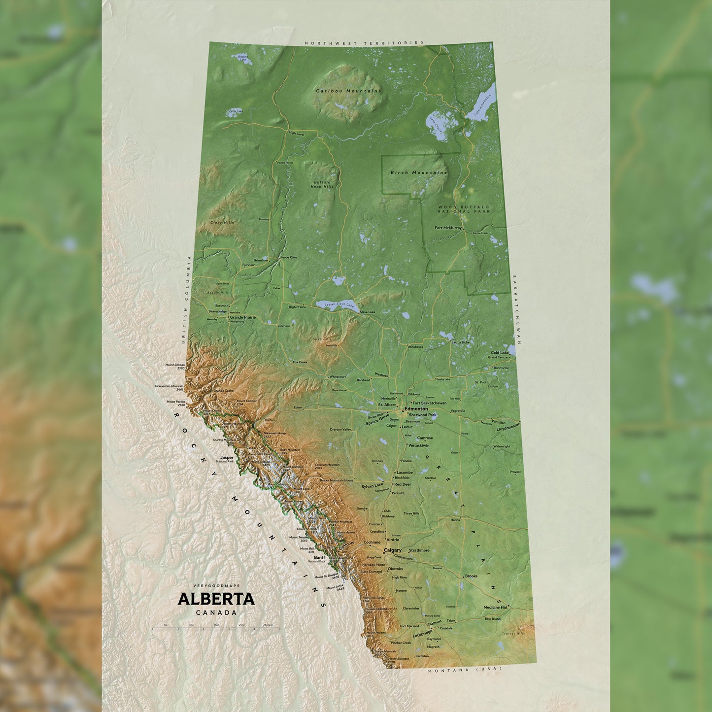 Shaded relief map of Alberta, Canada (50x70 cm)