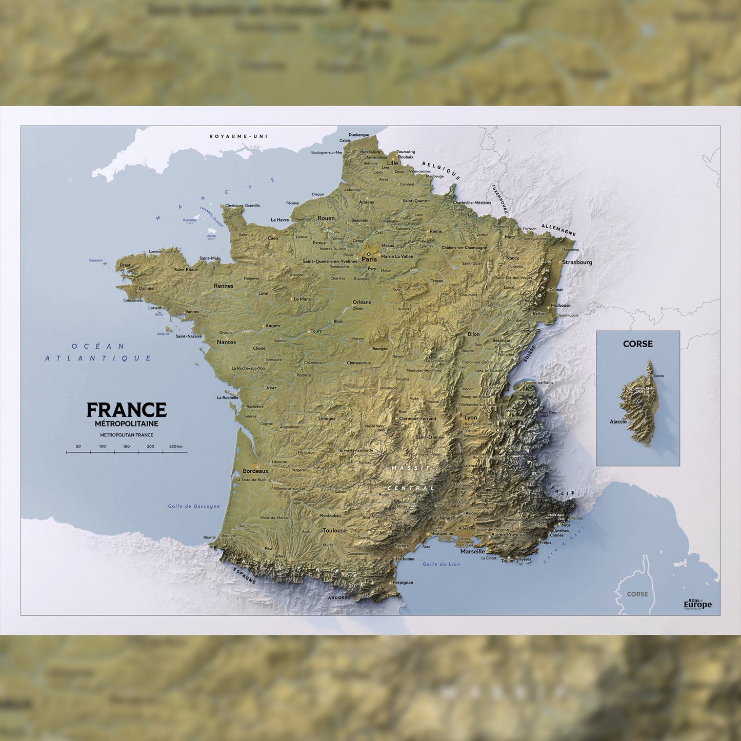 Shaded Relief Map of Metropolitan France (70x50 cm)