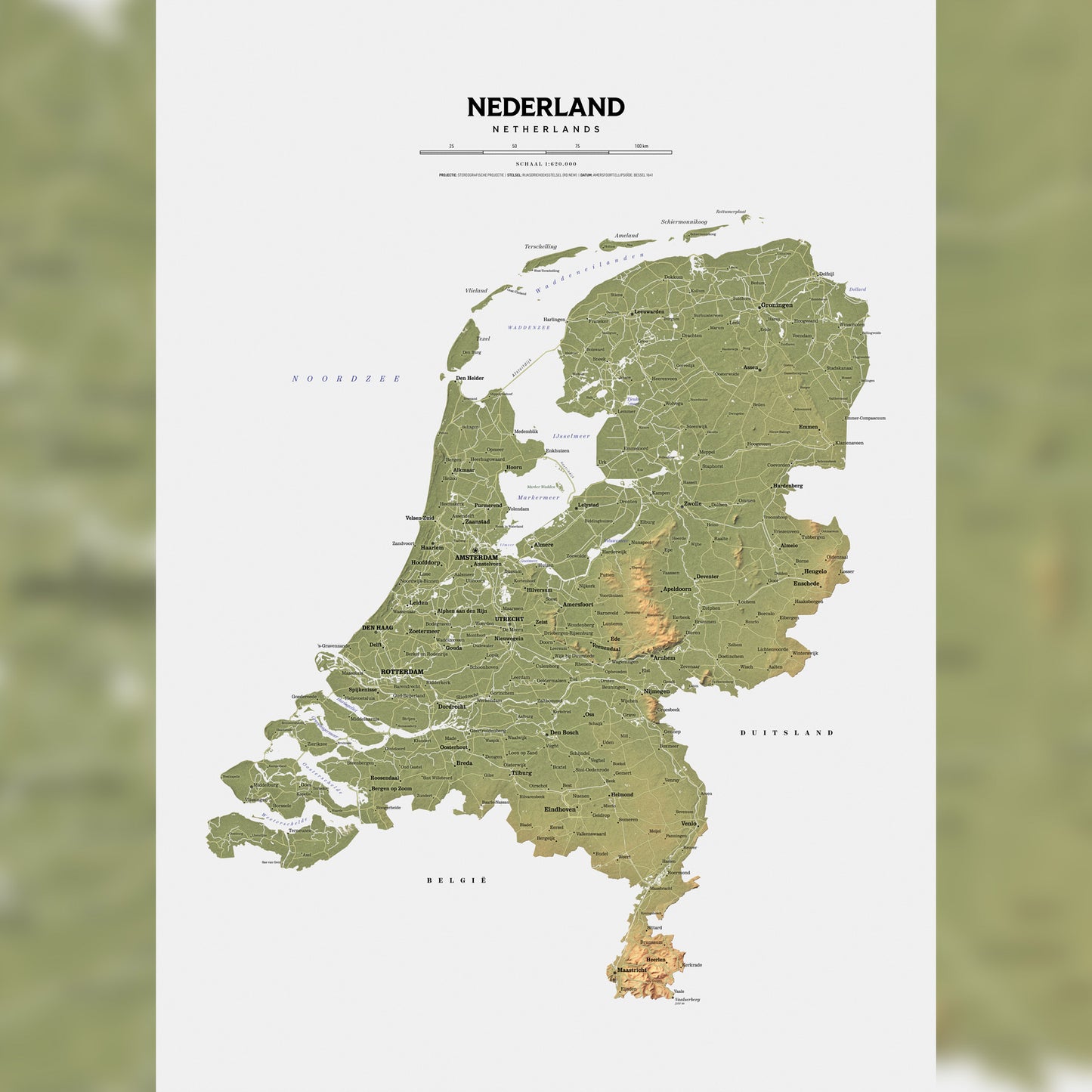Shaded relief map of the Netherlands (50x70 cm)