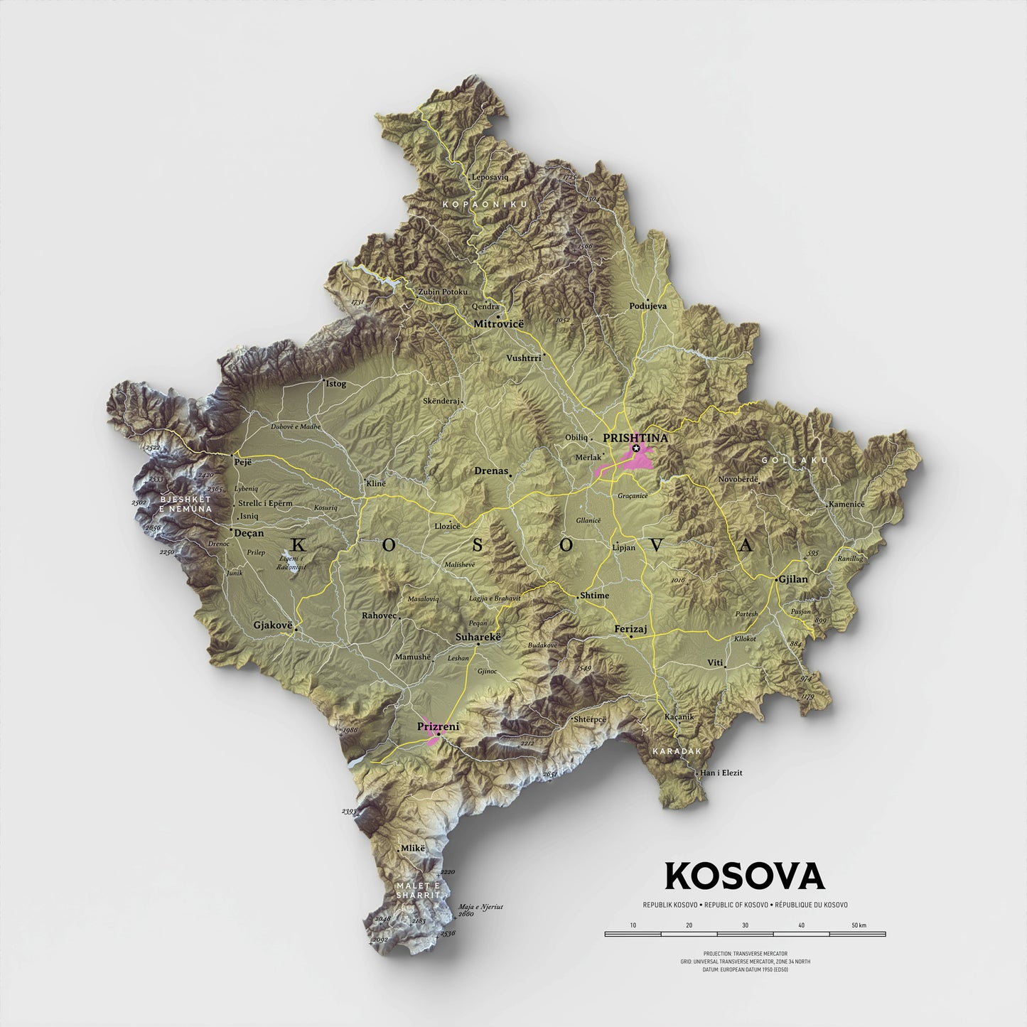 Shaded relief map of Kosovo (18x18 inches)