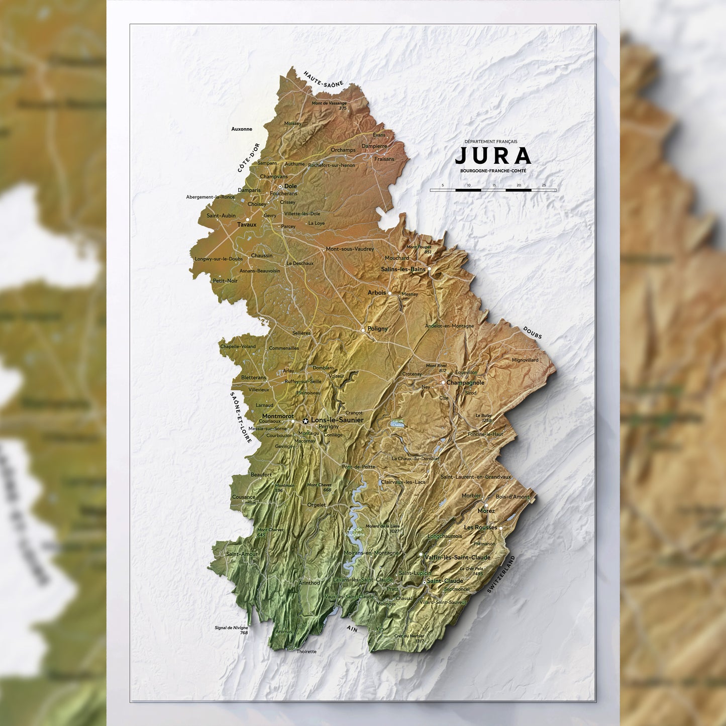 Shaded relief map of Jura department, France (420x594 mm)