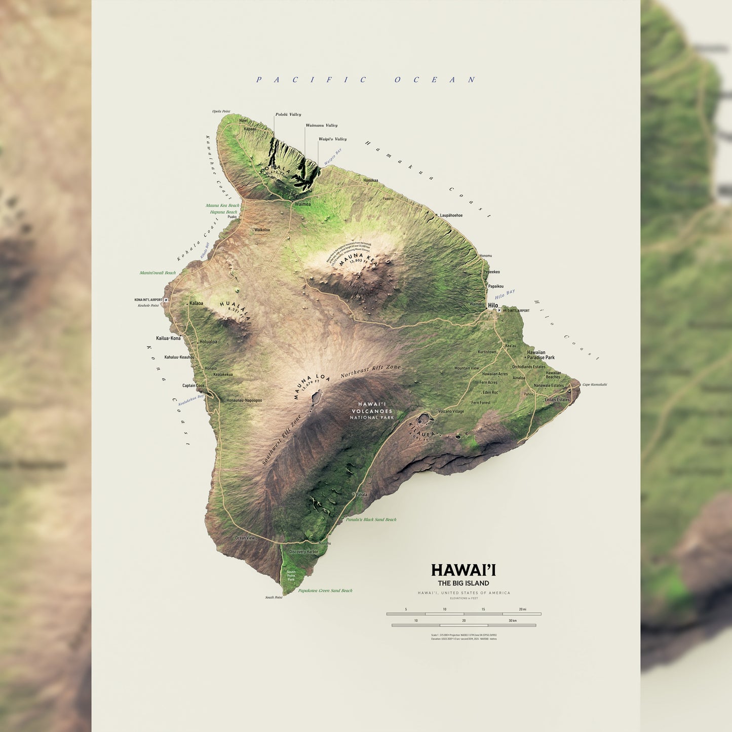 Shaded relief map of Hawai'i, The Big Island (18x24 inches)