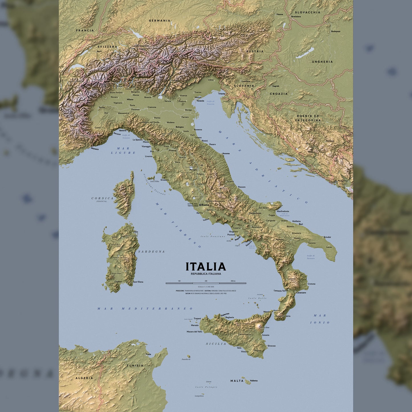 Shaded relief map of Italy (Italian language version)