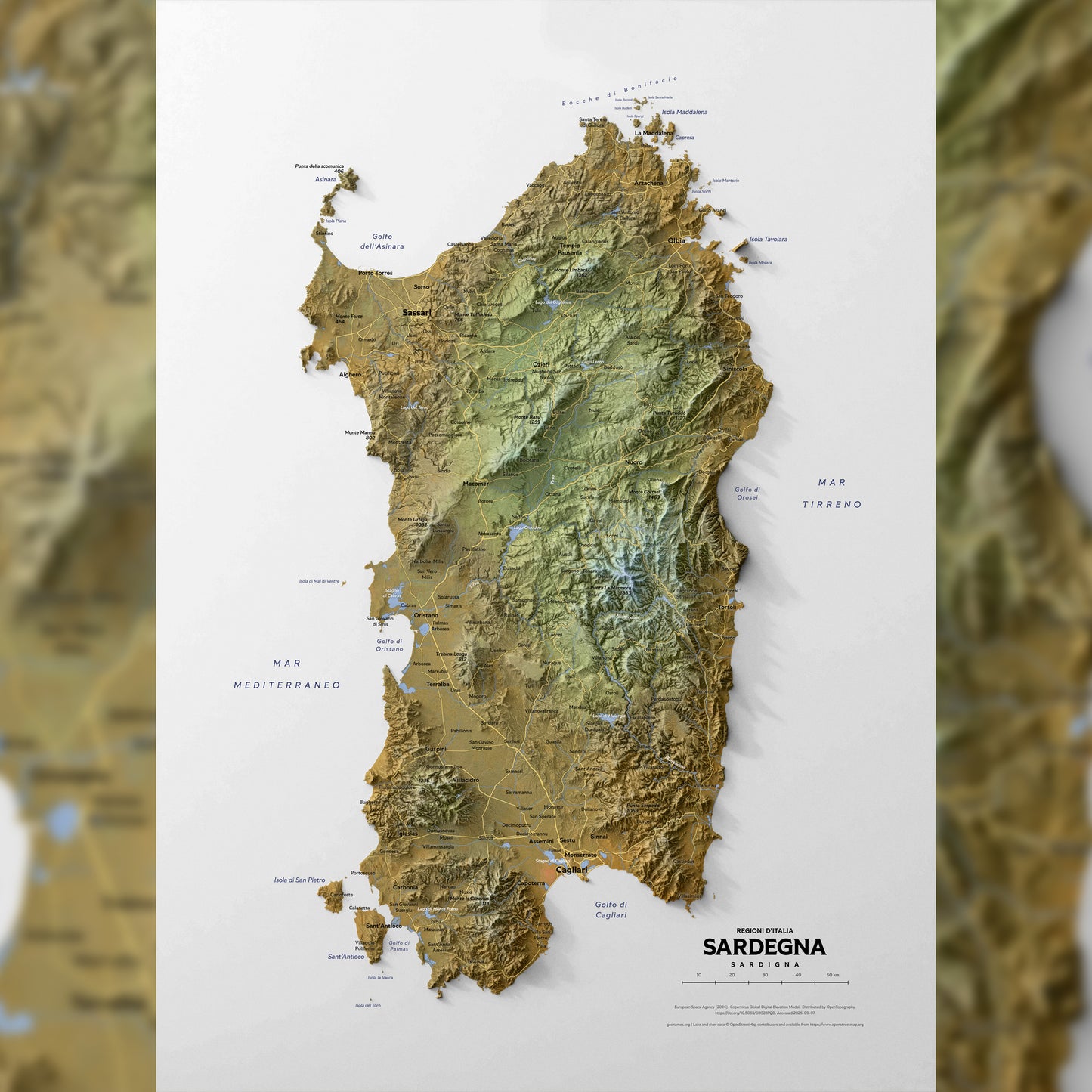 Shaded relief map of Sardinia