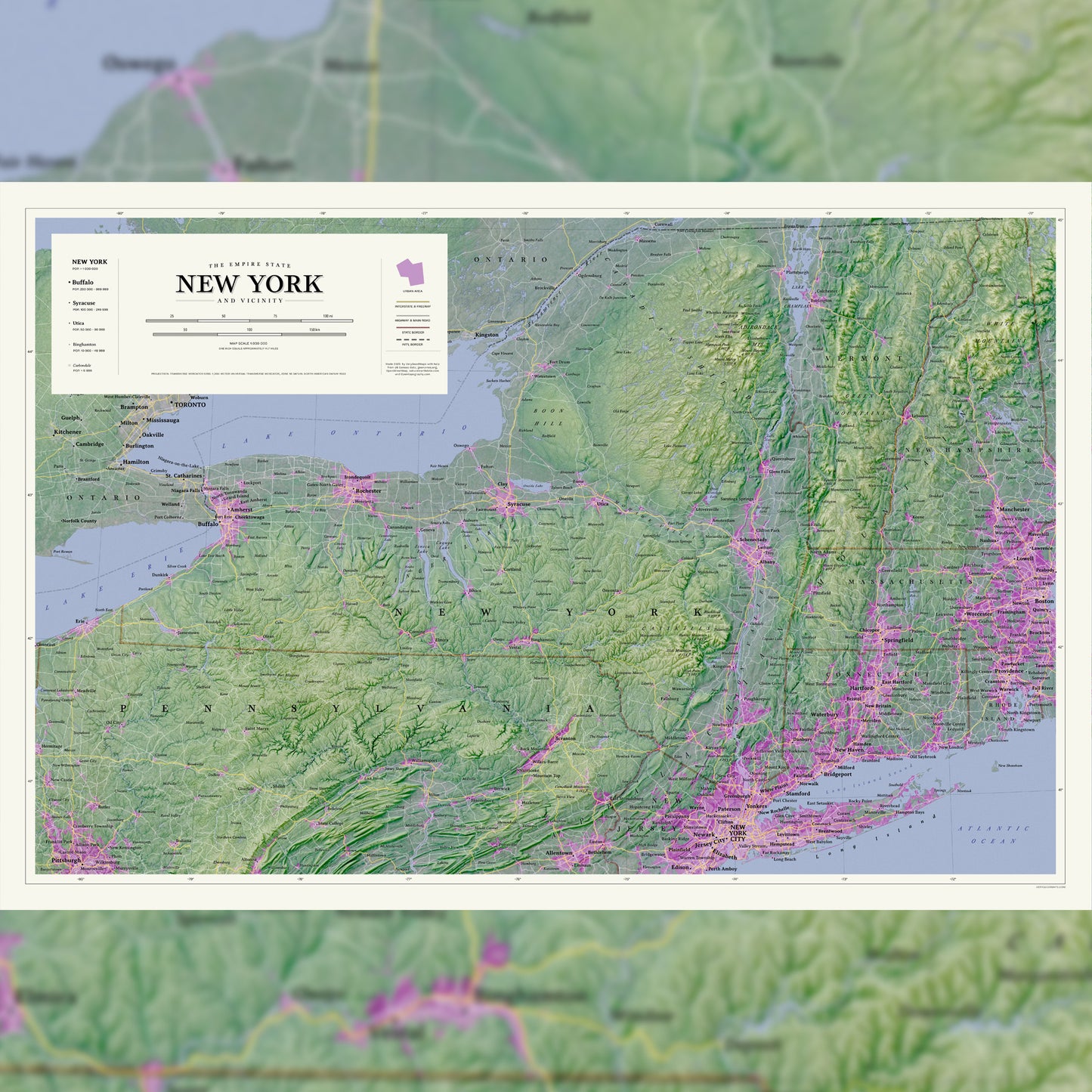 New York & Vicinity: Artistic Topographic Wall Map (36x24") – Detailed Map Print