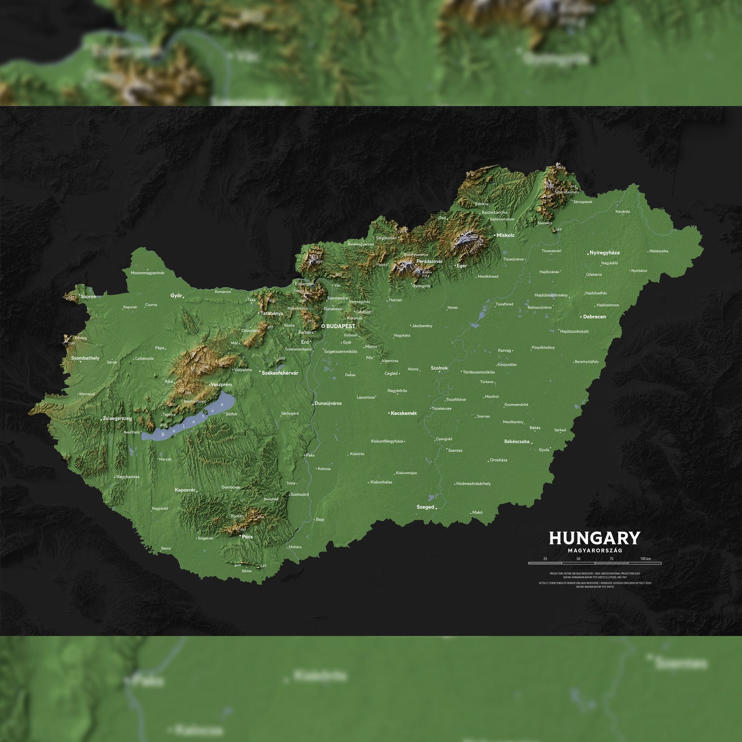 Hungary Topographic Relief Map – Dark Edition Wall Art (2D Print)