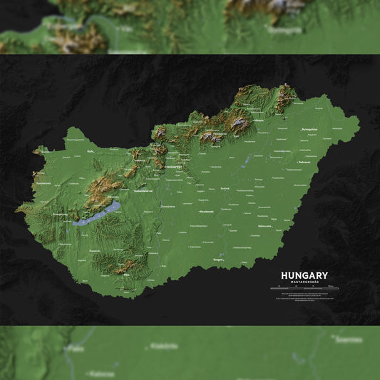 Hungary Topographic Relief Map – Dark Edition Wall Art (2D Print)