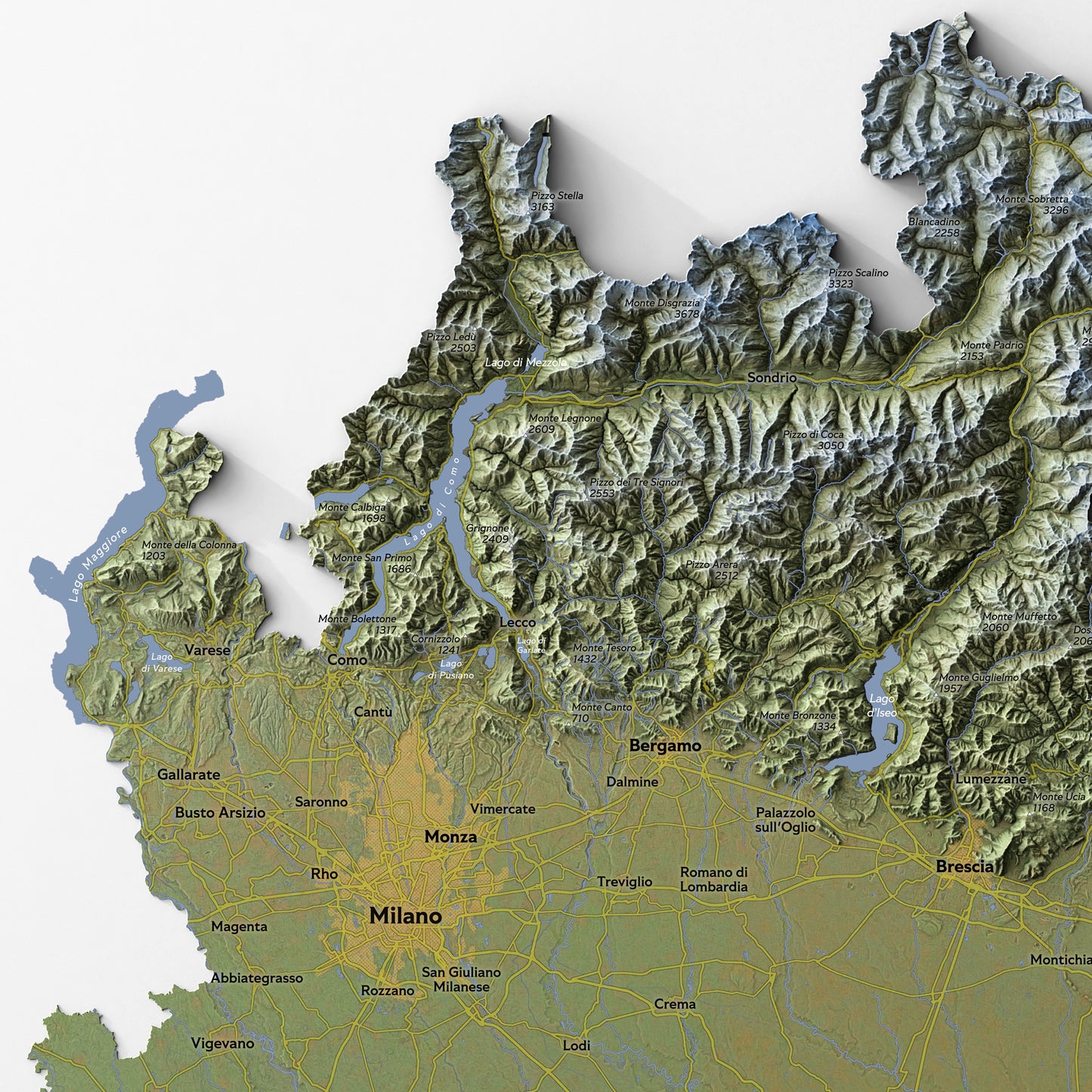 Shaded relief map of Lombardia