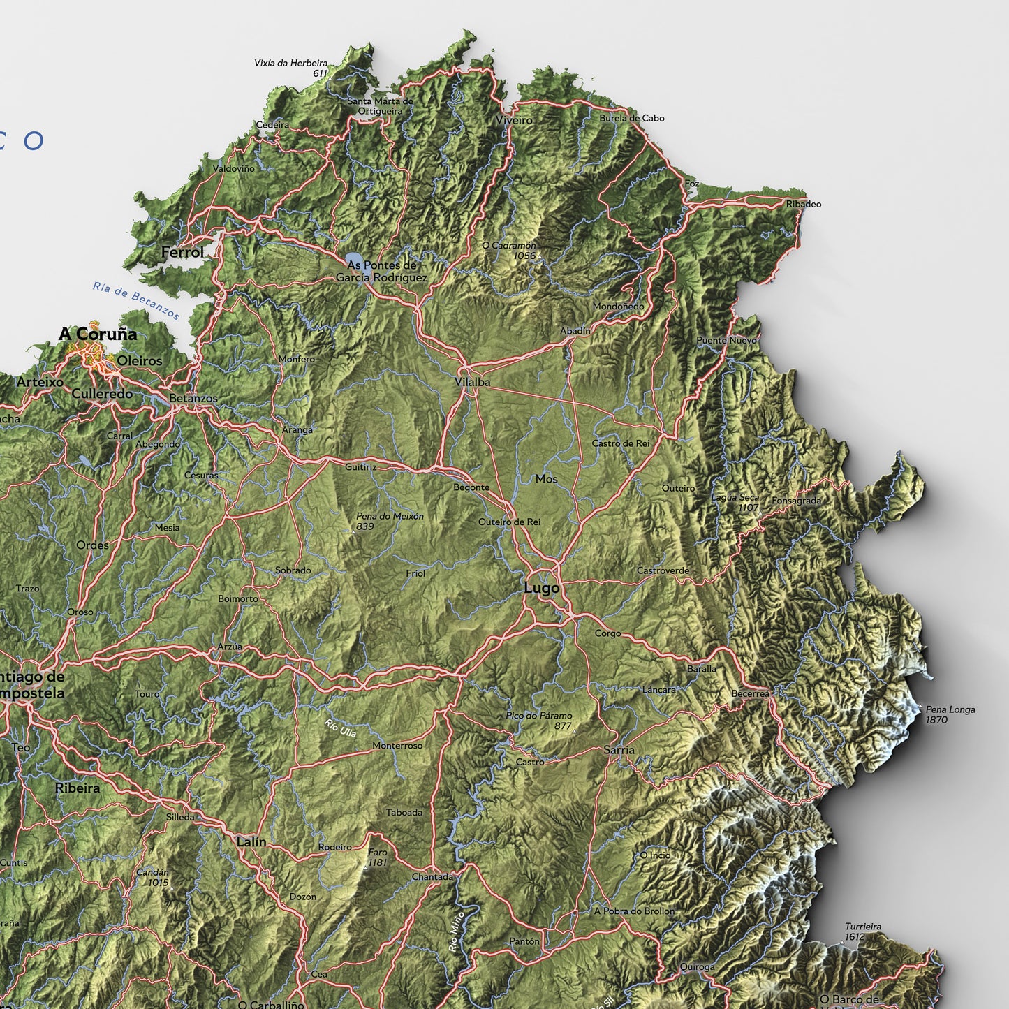Shaded relief map of Galicia