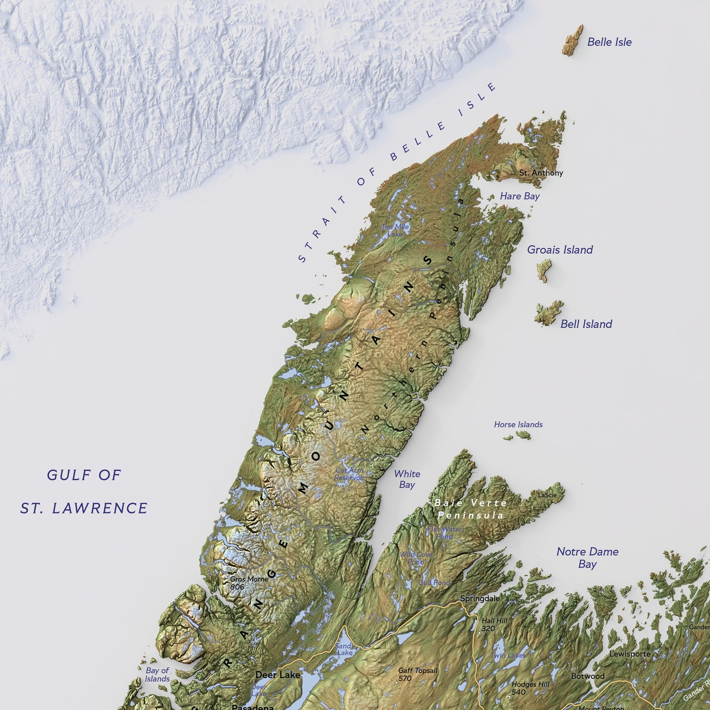 Shaded relief map of Newfoundland Island