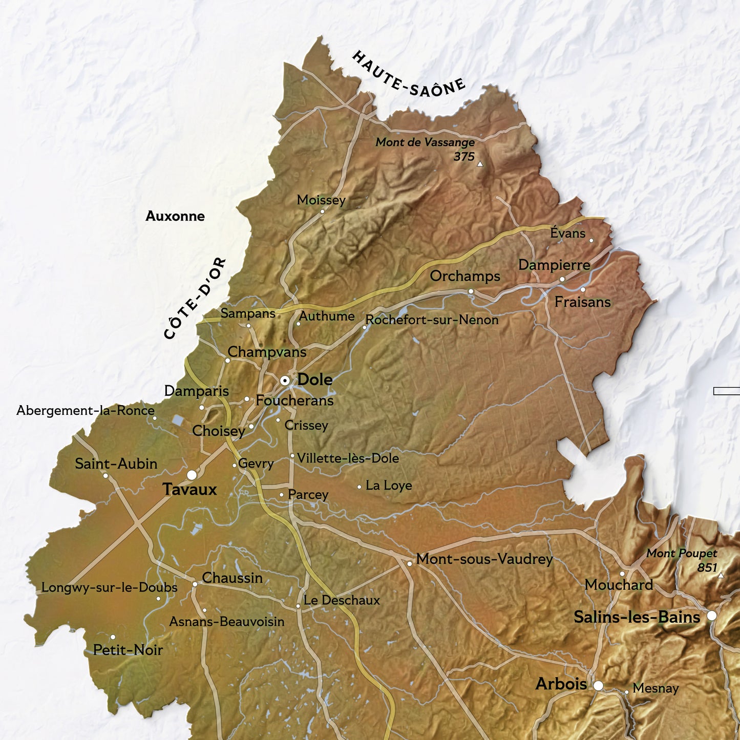 Shaded relief map of Jura department, France (420x594 mm)