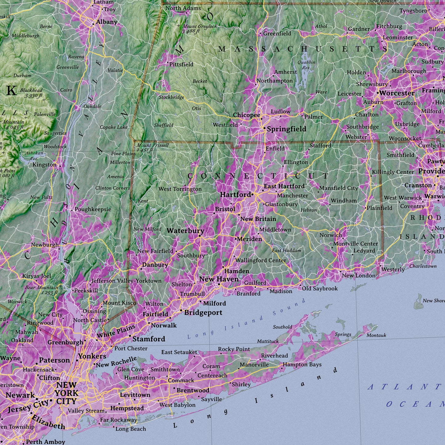 New York & Vicinity: Artistic Topographic Wall Map (36x24") – Detailed Map Print