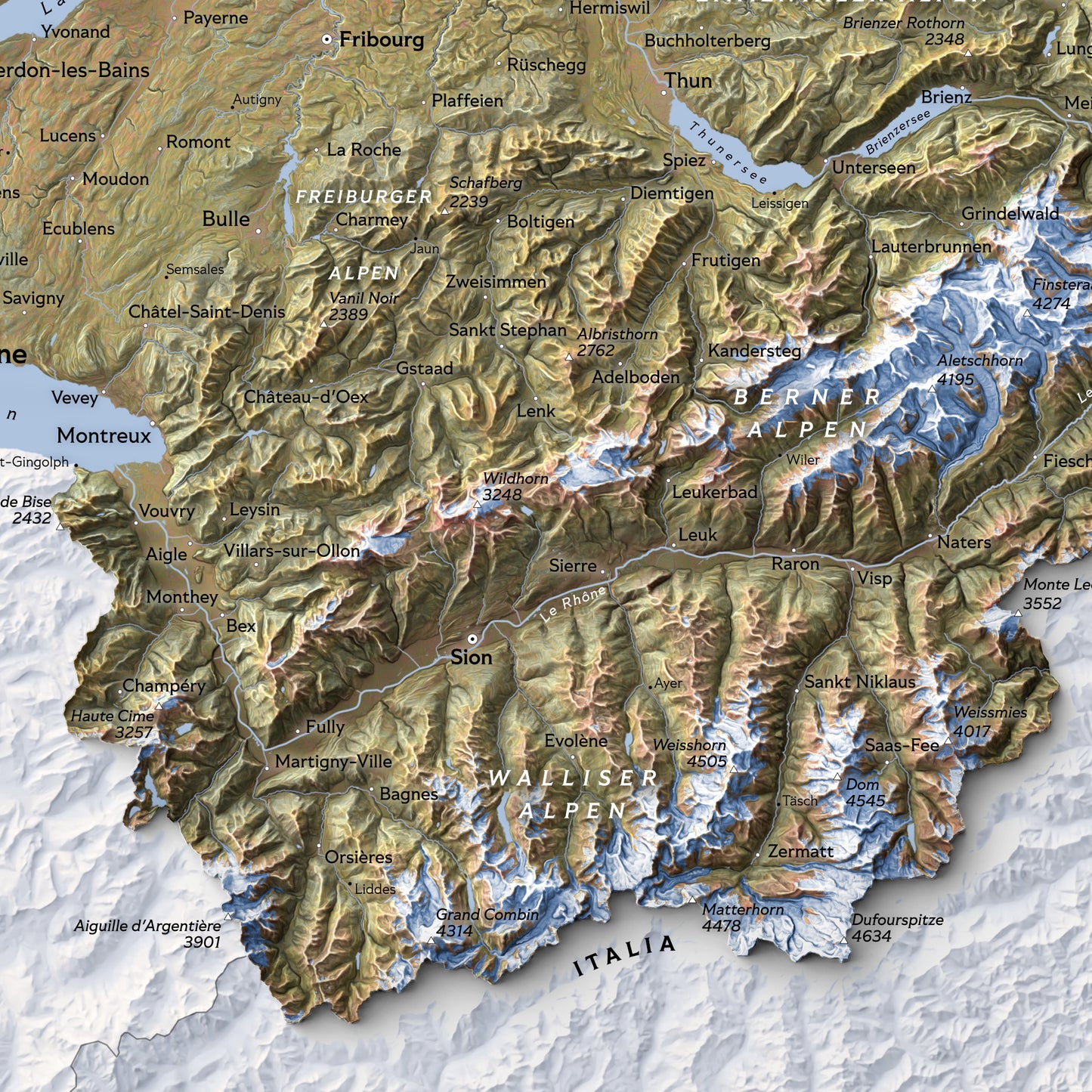 Shaded relief map of Switzerland (70x50 cm)