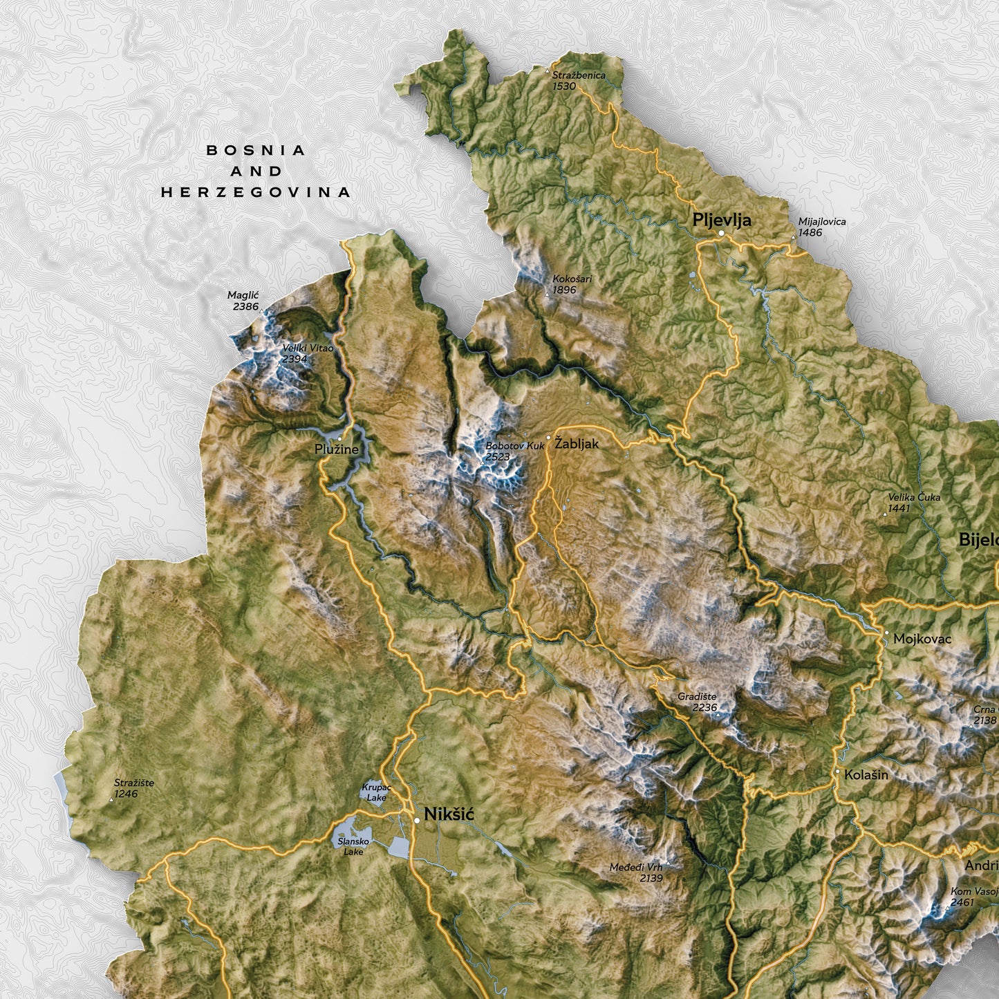 Shaded relief map of Montenegro (50x70 cm)