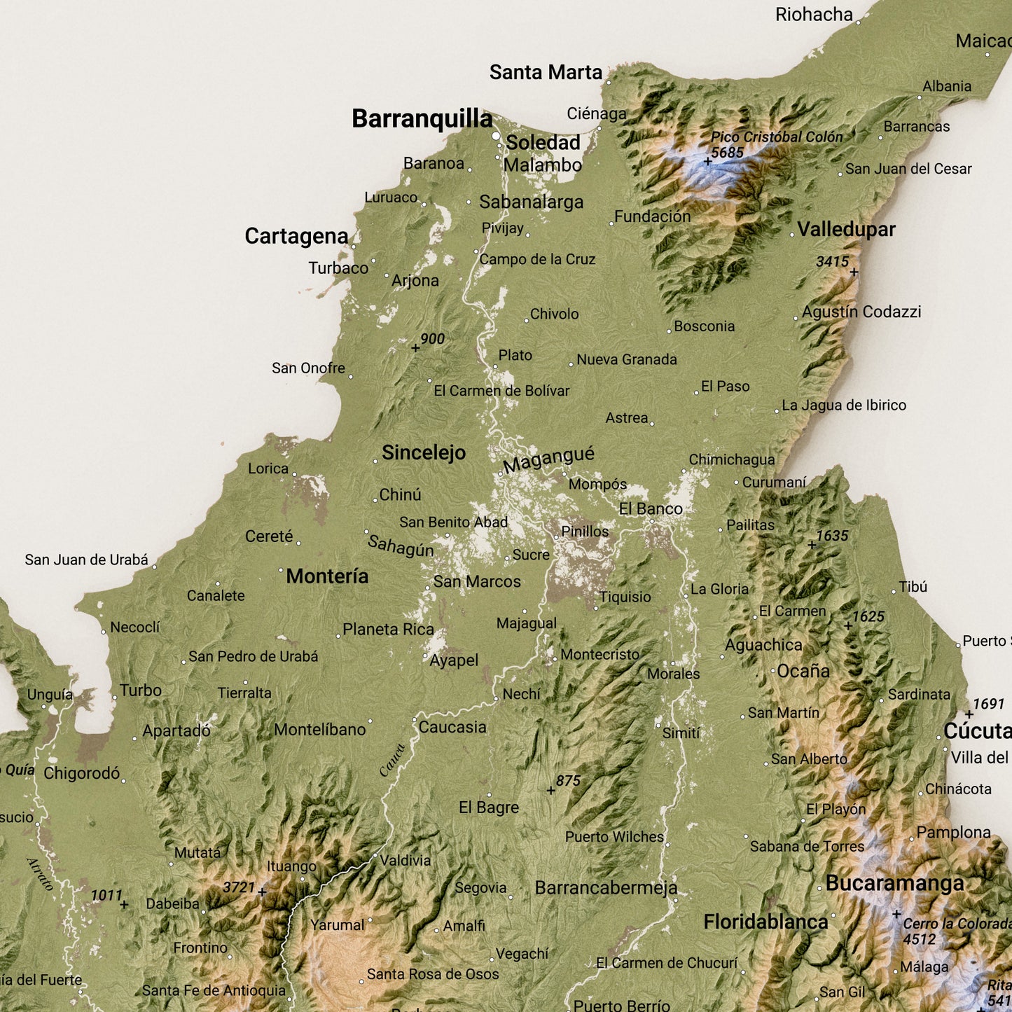 Colombia shaded relief map, printable file (50x70 cm, 240dpi JPG