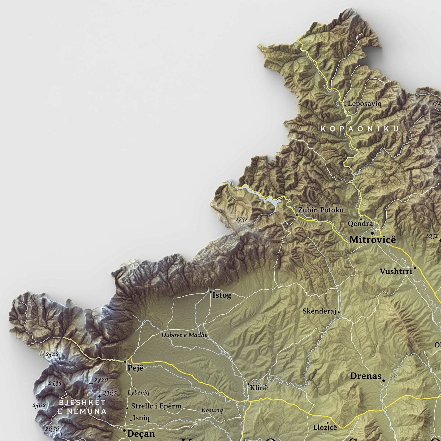 Shaded relief map of Kosovo (18x18 inches)