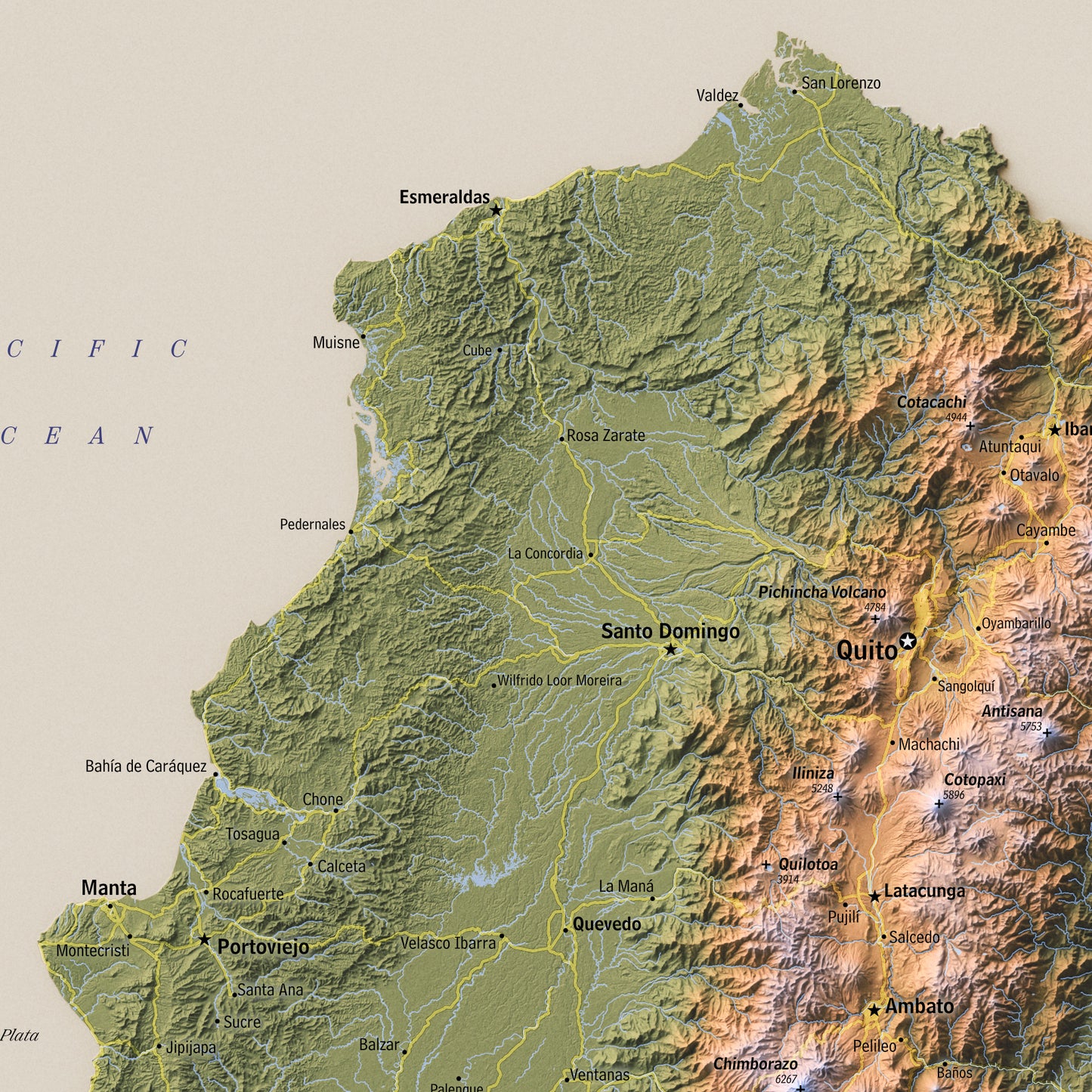 Shaded relief map of continental Ecuador (18x18 inches, 240 dpi JPG Printable file