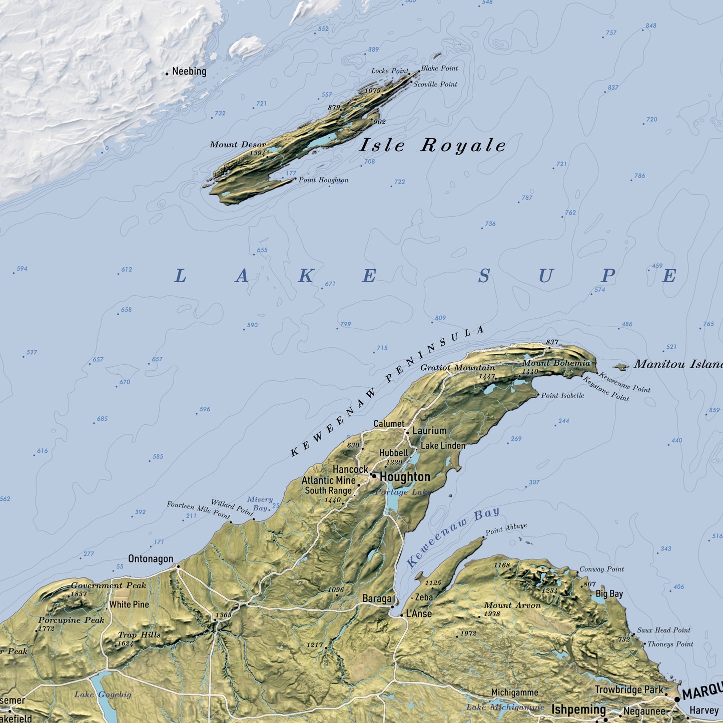 Shaded relief map of Upper Peninsula, Michigan (24x18 inches)
