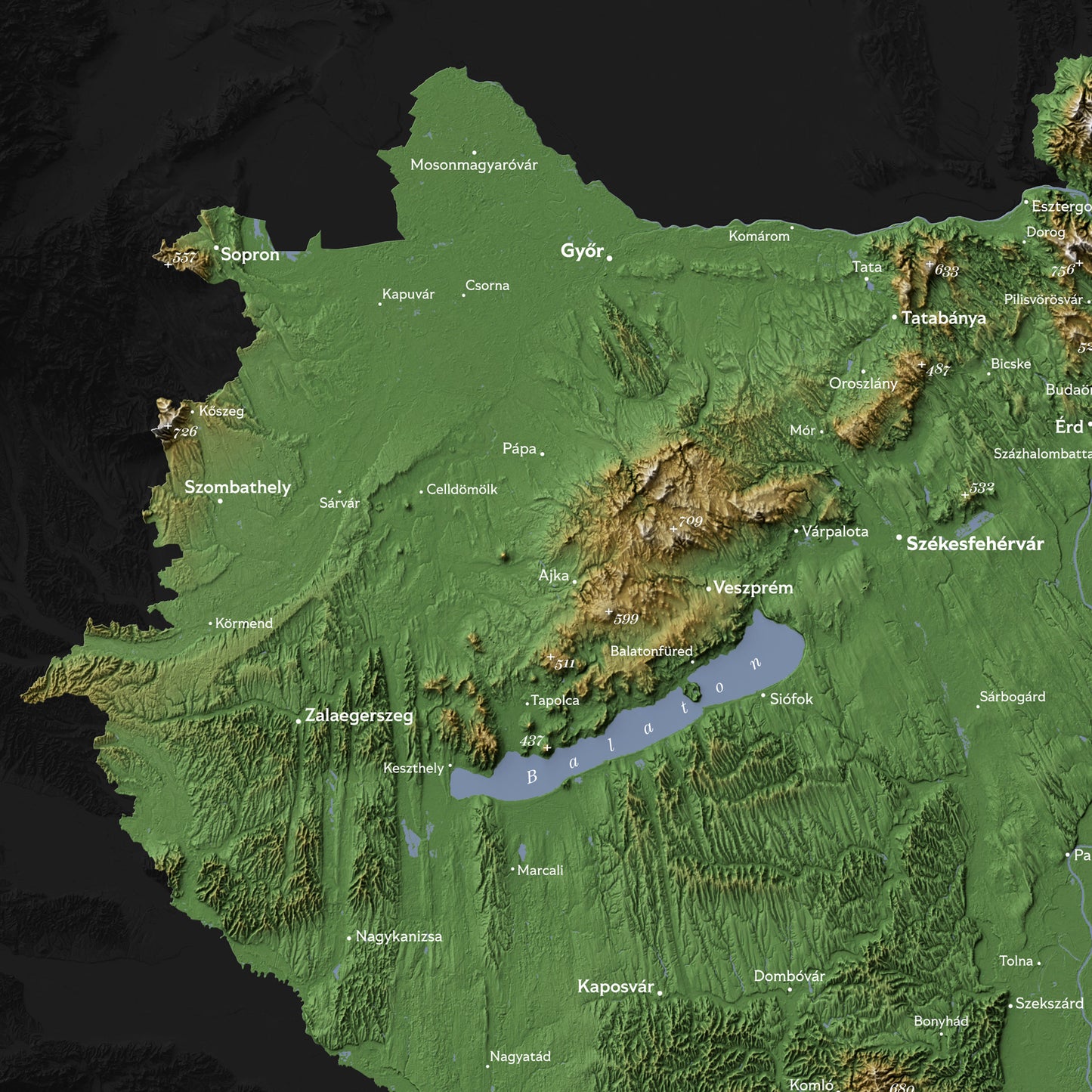 Hungary Topographic Relief Map – Dark Edition Wall Art (2D Print)
