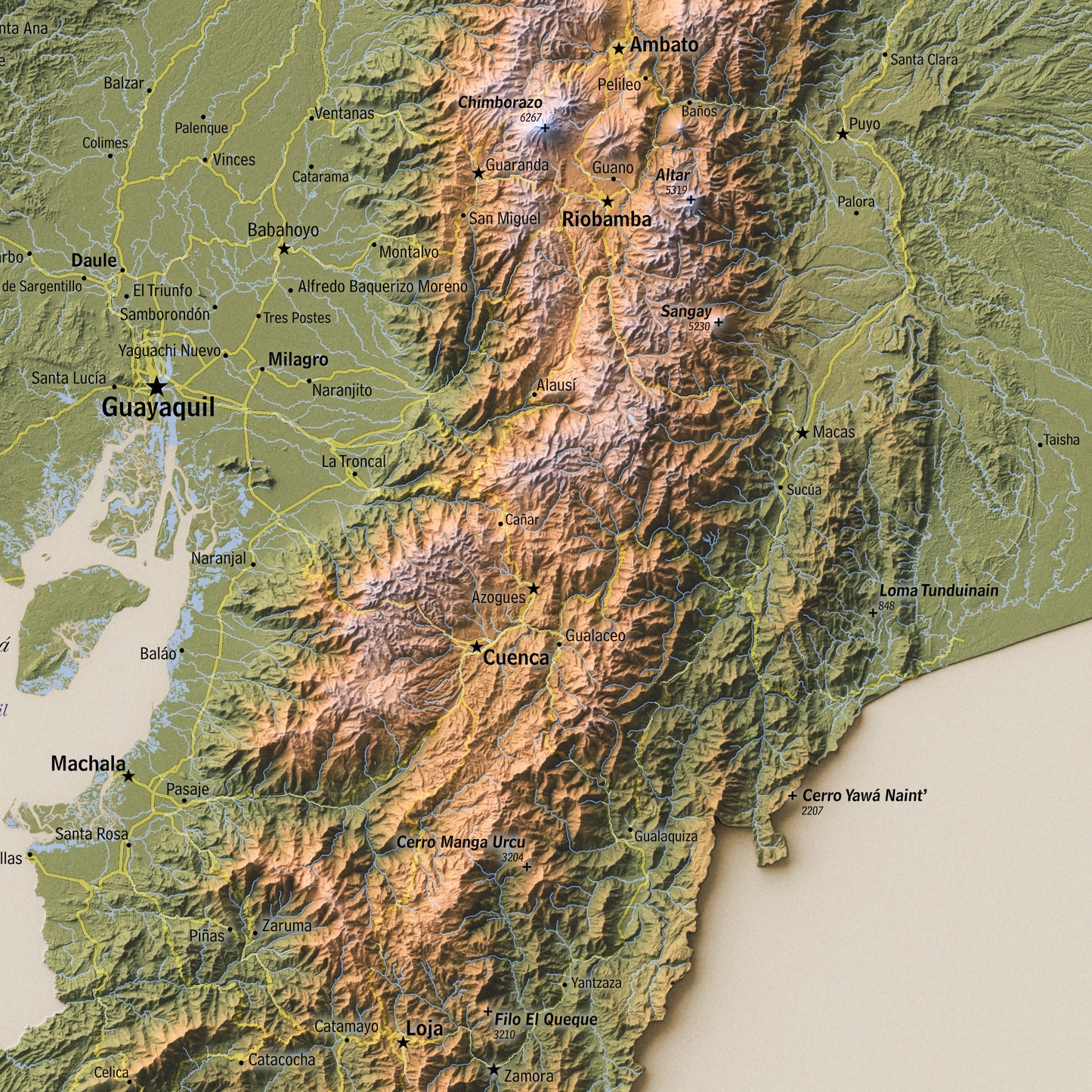 Shaded relief map of continental Ecuador (18x18 inches, 240 dpi JPG Printable file