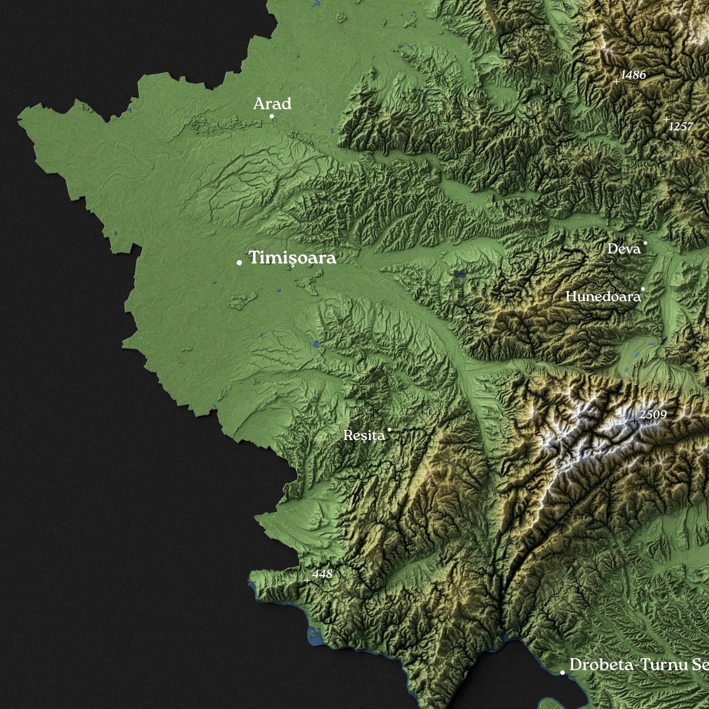 Romania Topographic Relief Map – Dark Edition Wall Art (2D Print)