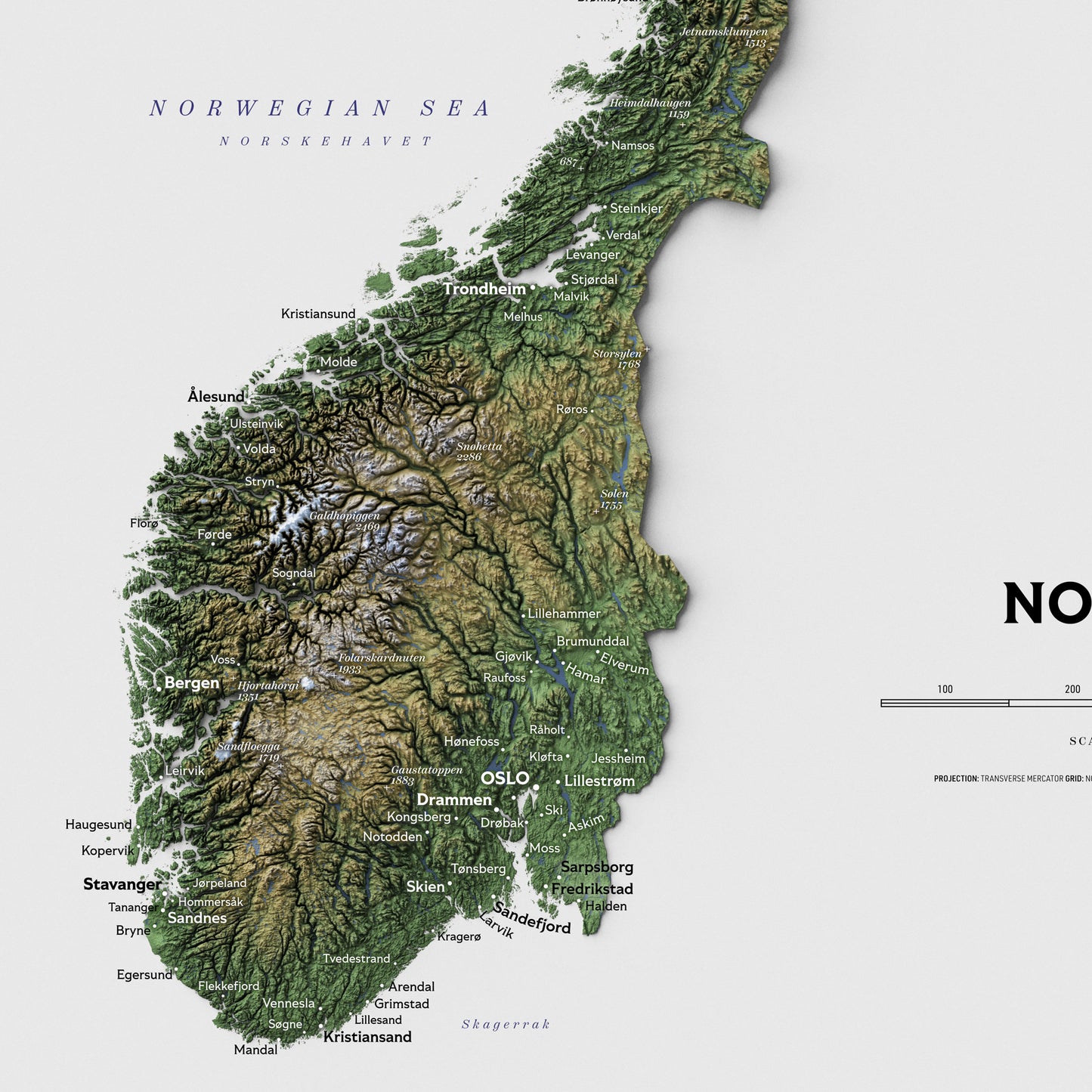 Shaded relief map of Norway (50x70 cm)