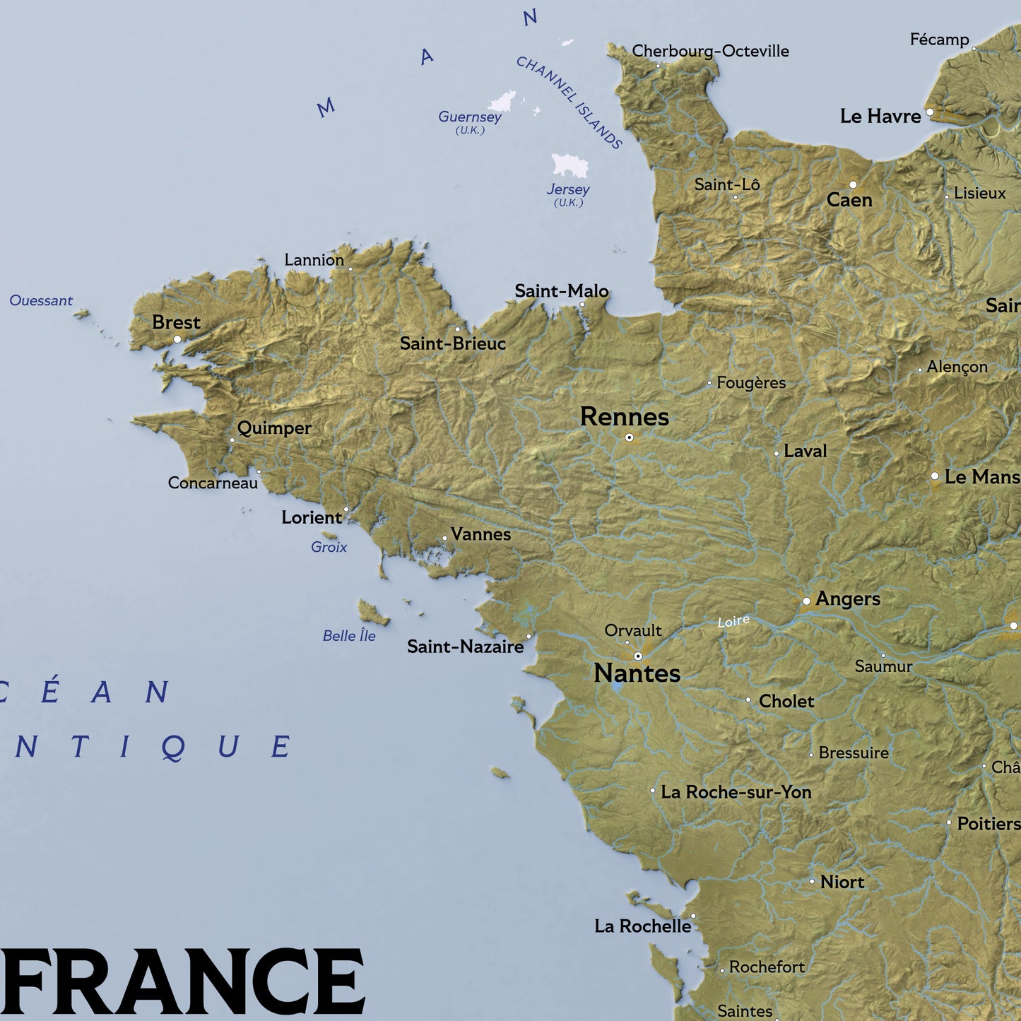 Shaded Relief Map of Metropolitan France (70x50 cm)