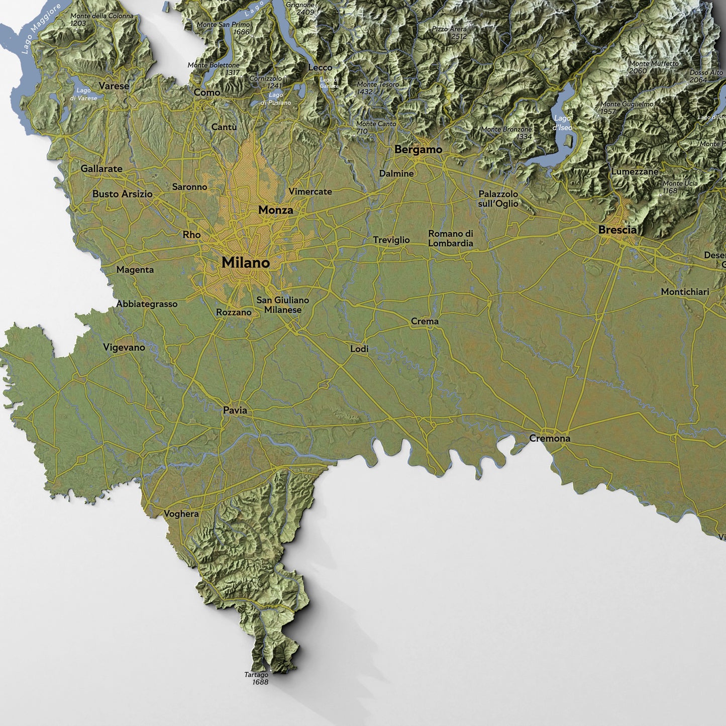Shaded relief map of Lombardia