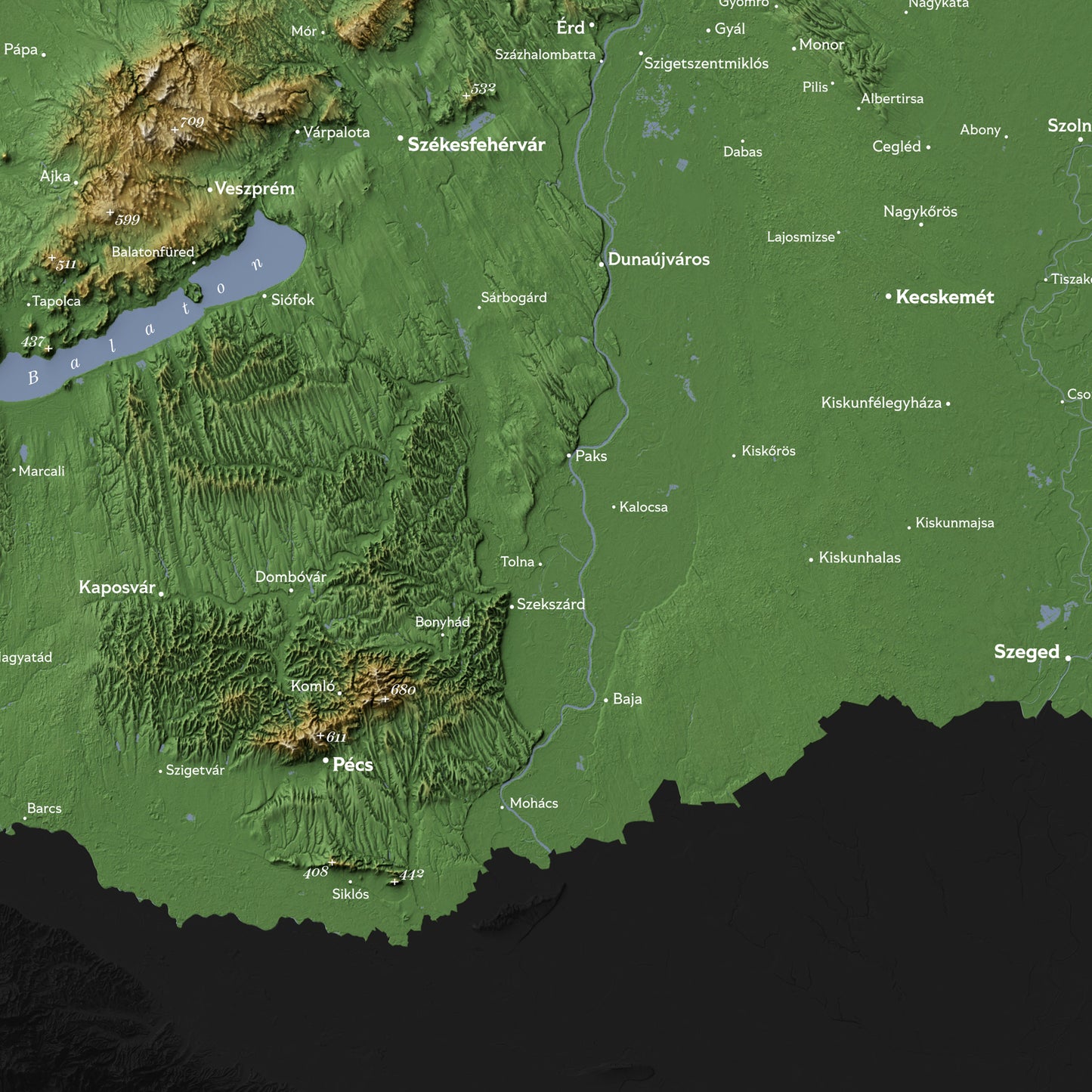 Hungary Topographic Relief Map – Dark Edition Wall Art (2D Print)