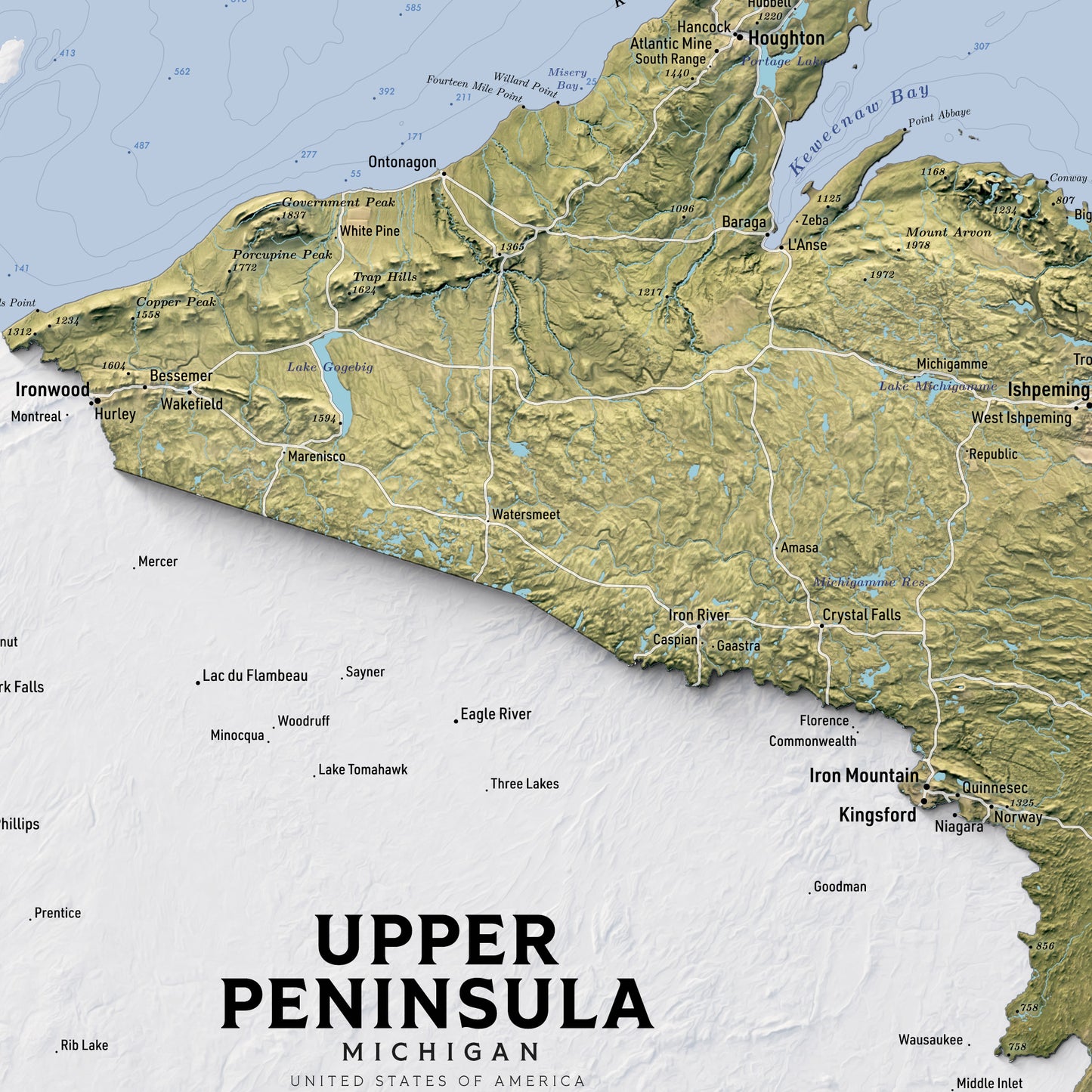 Shaded relief map of Upper Peninsula, Michigan (24x18 inches)
