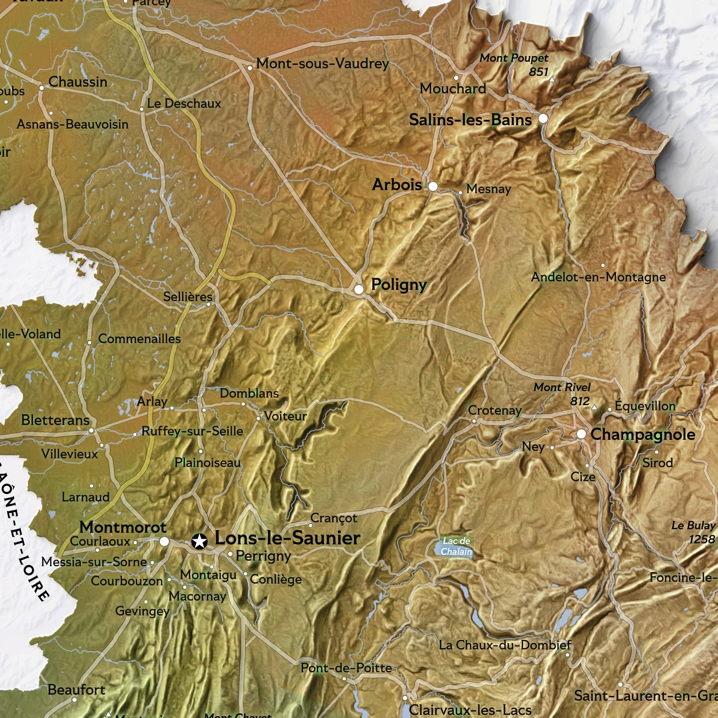 Shaded relief map of Jura department, France (420x594 mm)