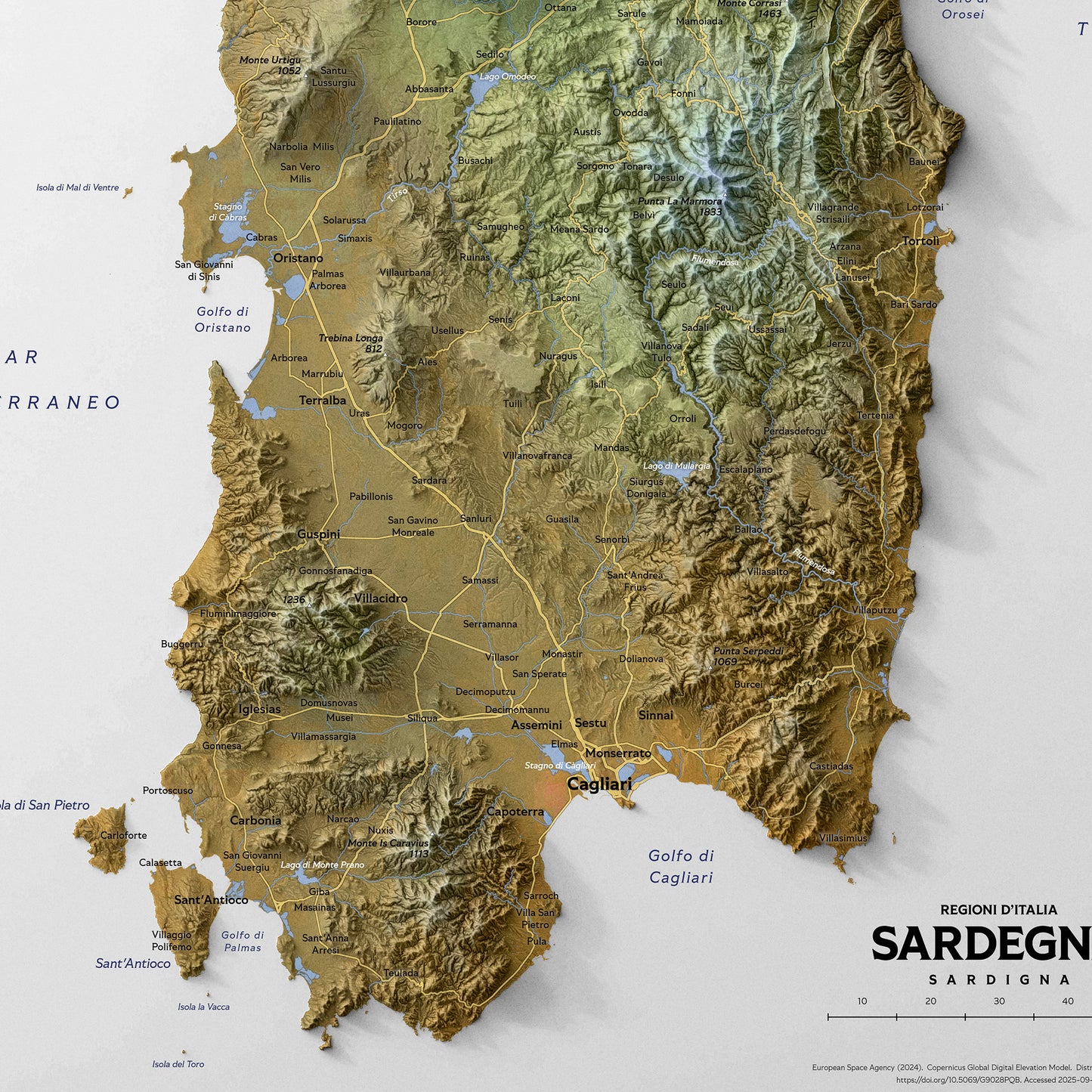 Shaded relief map of Sardinia