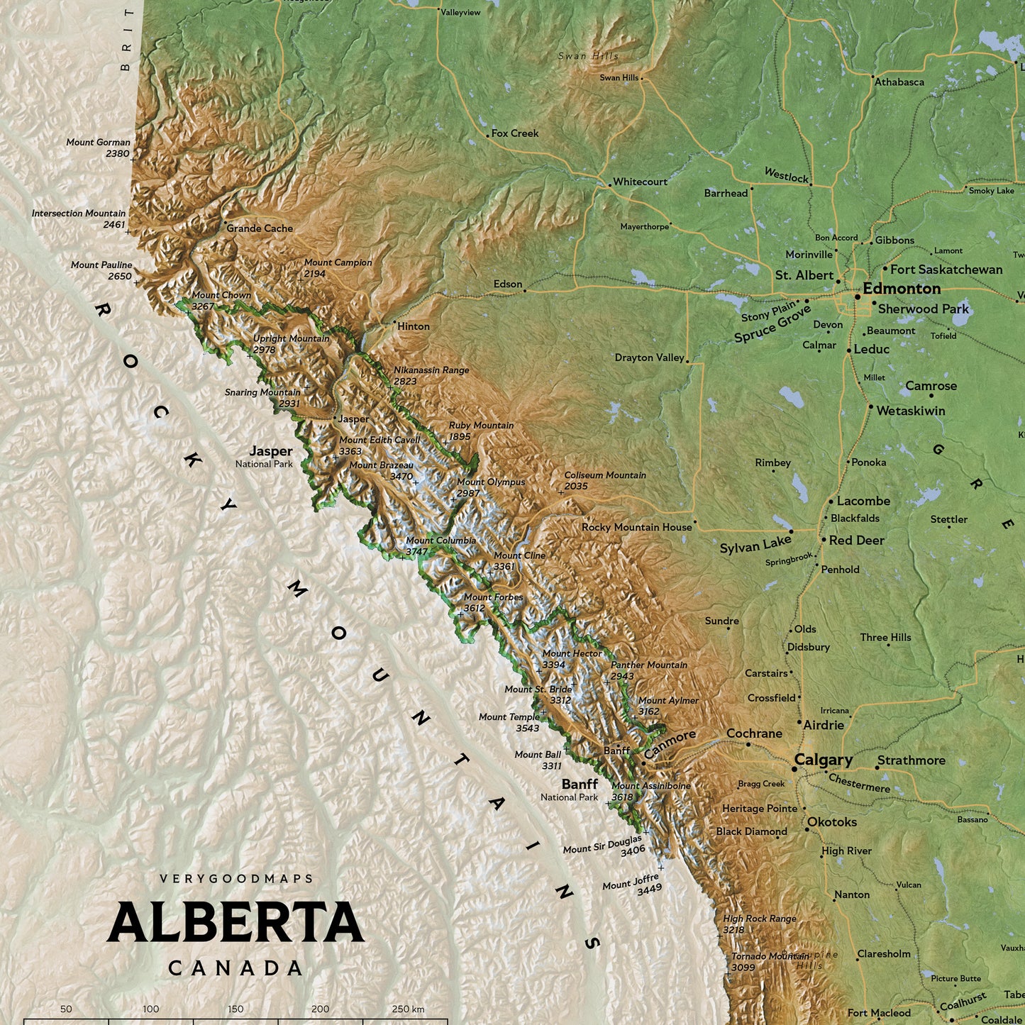 Shaded relief map of Alberta, Canada (50x70 cm)