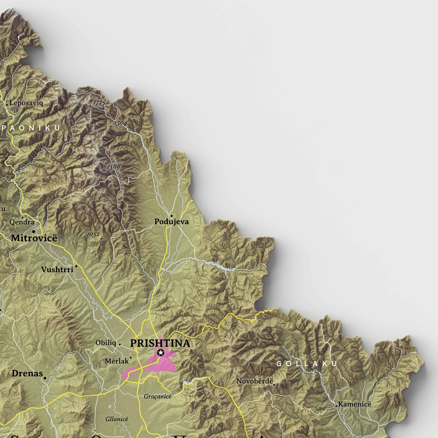 Shaded relief map of Kosovo (18x18 inches)