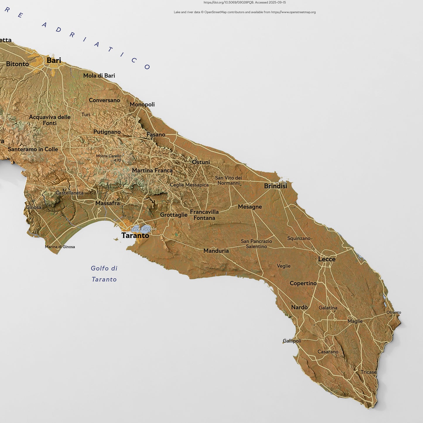 Shaded relief map of Puglia
