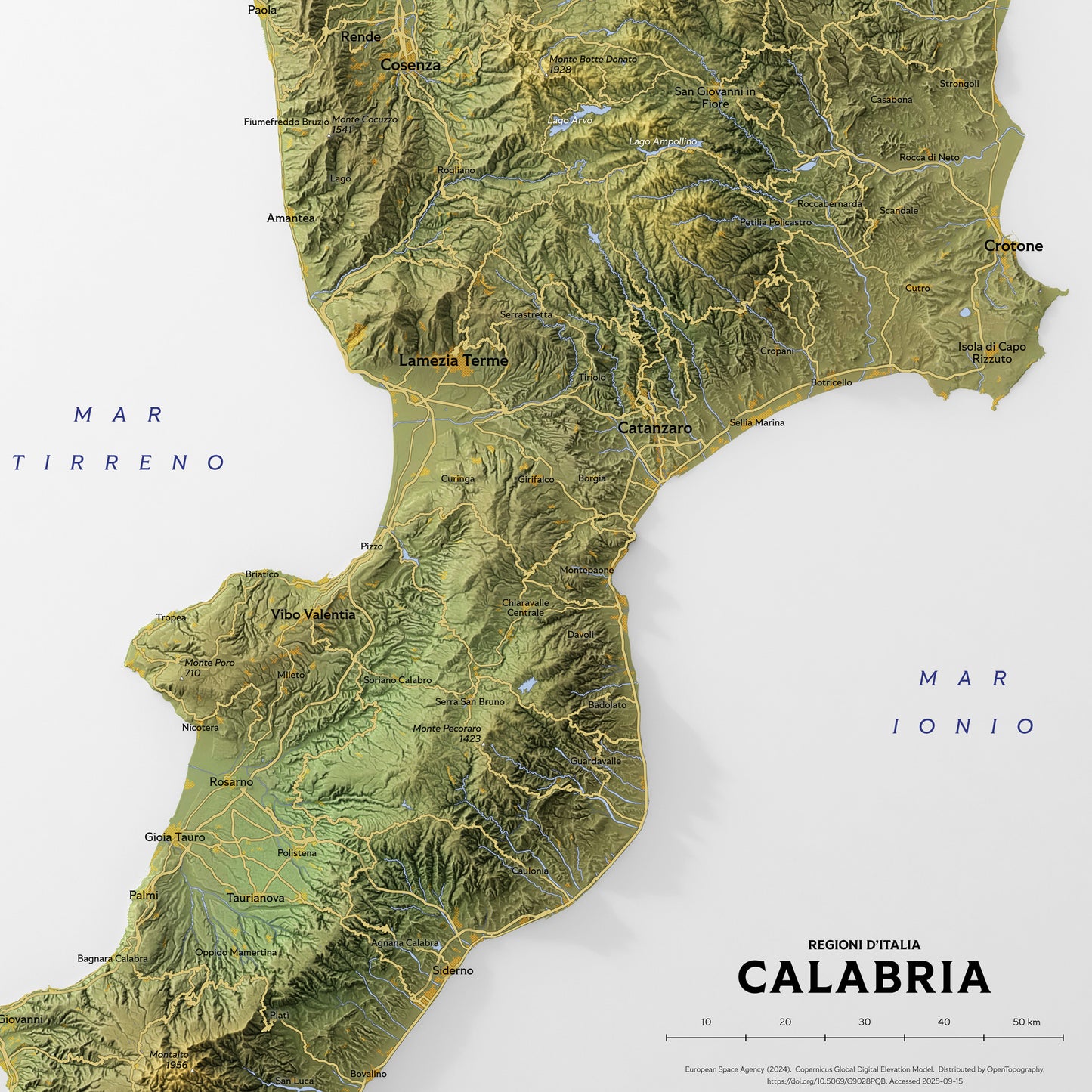 Shaded relief map of Calabria