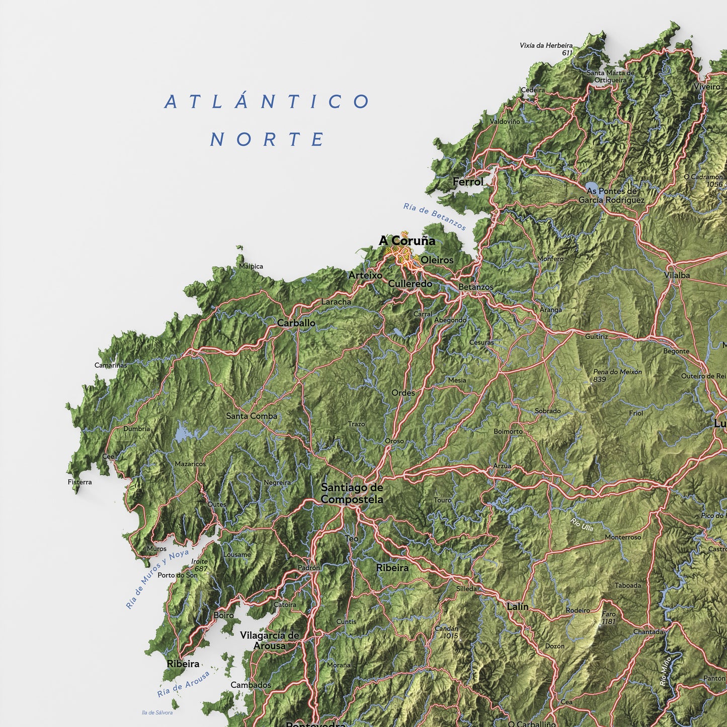 Shaded relief map of Galicia