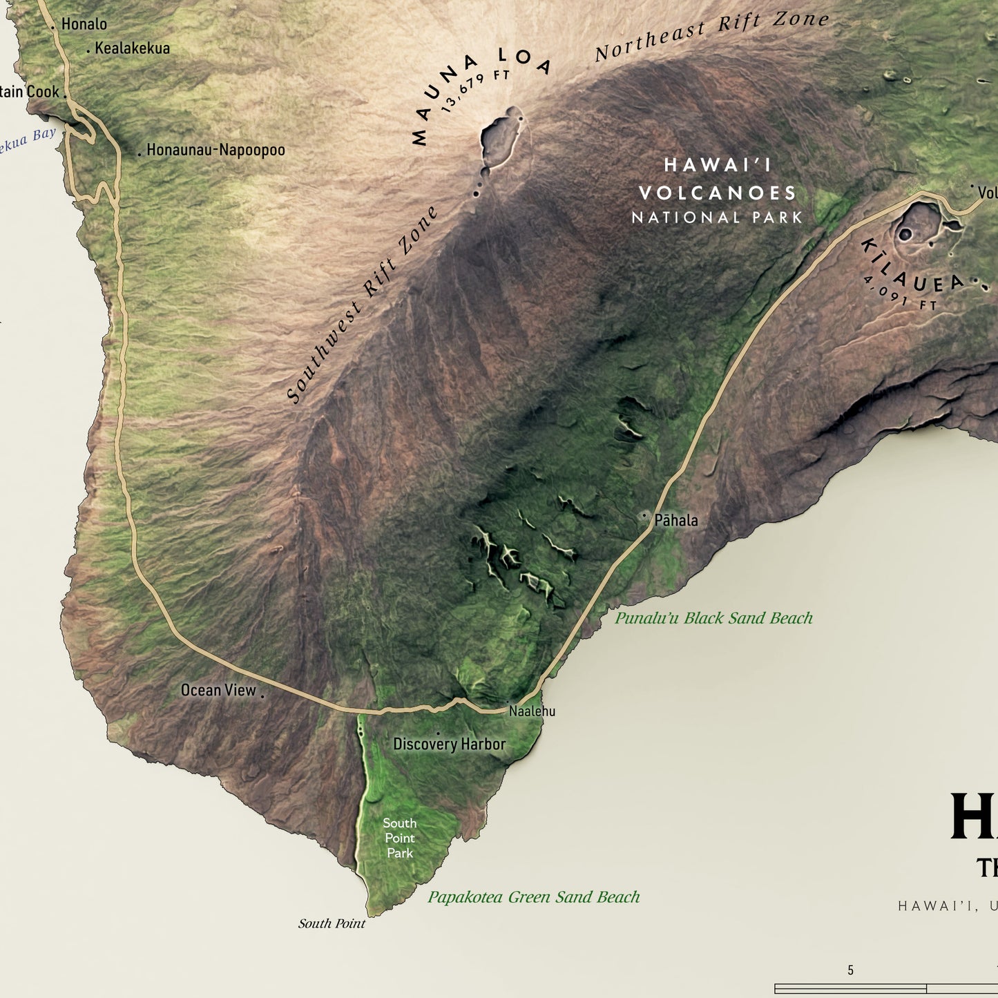 Shaded relief map of Hawai'i, The Big Island (18x24 inches)