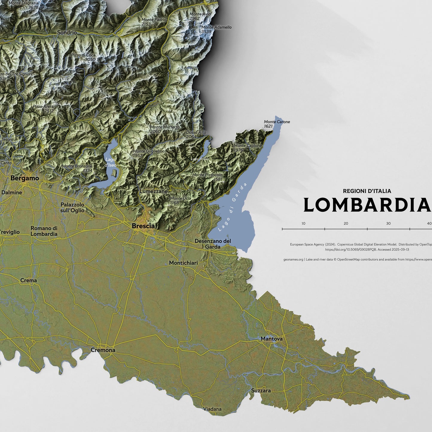 Shaded relief map of Lombardia