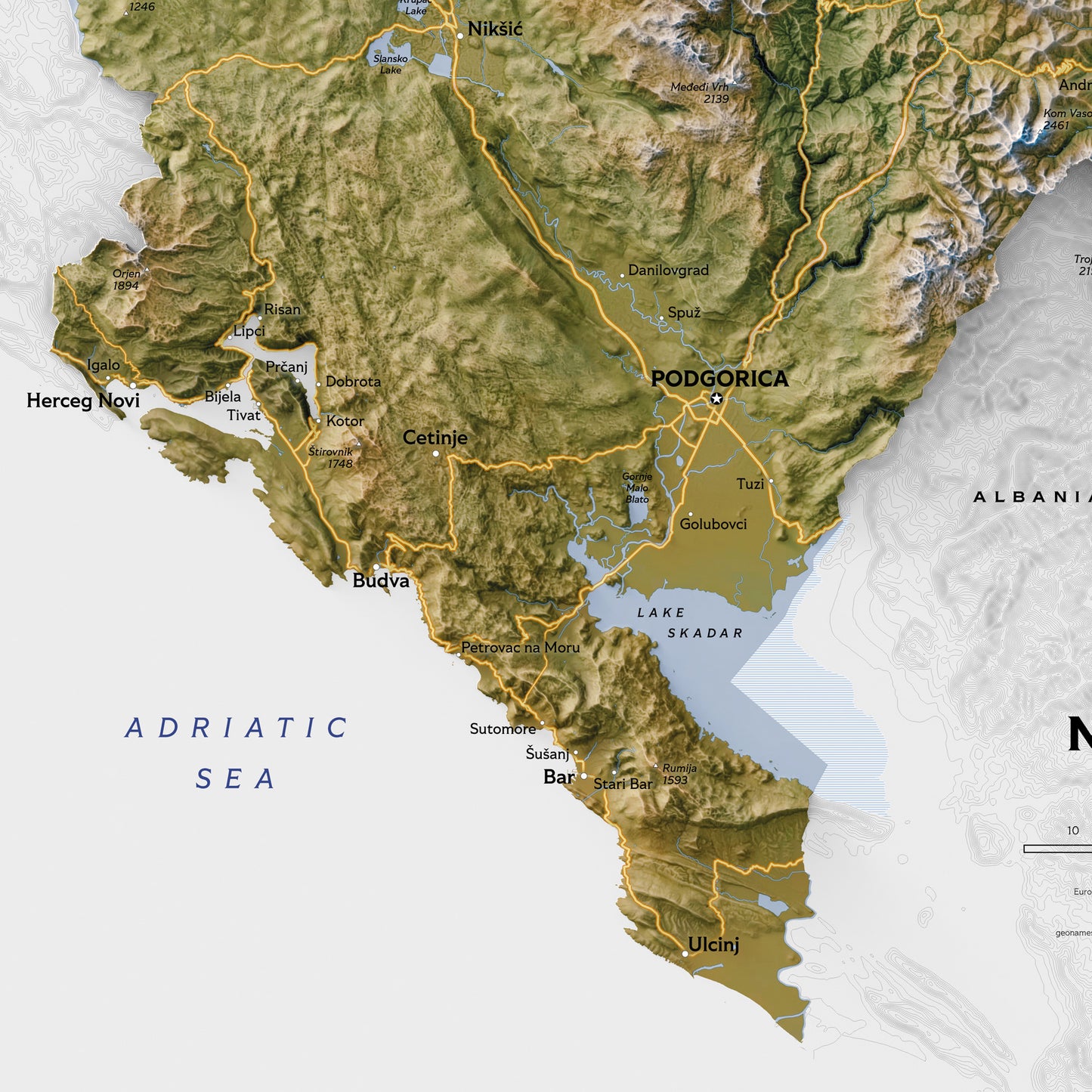 Shaded relief map of Montenegro (50x70 cm)