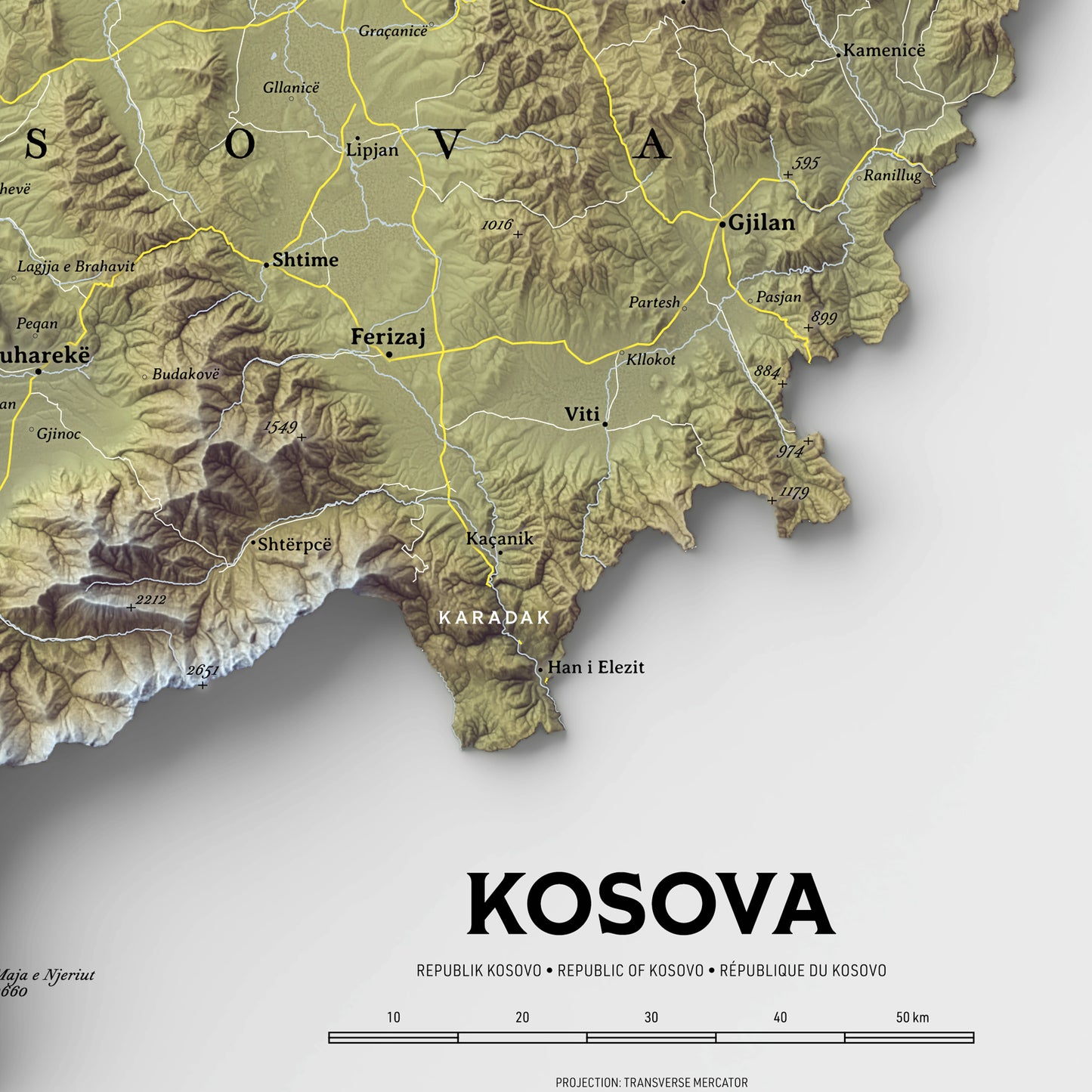 Shaded relief map of Kosovo (18x18 inches)