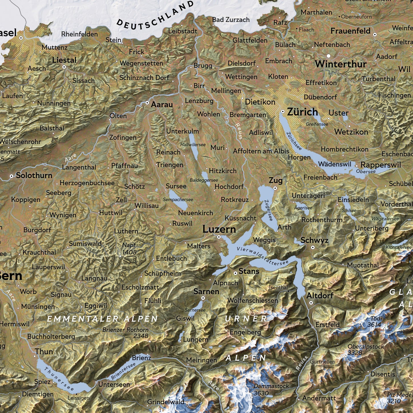 Shaded relief map of Switzerland (70x50 cm)