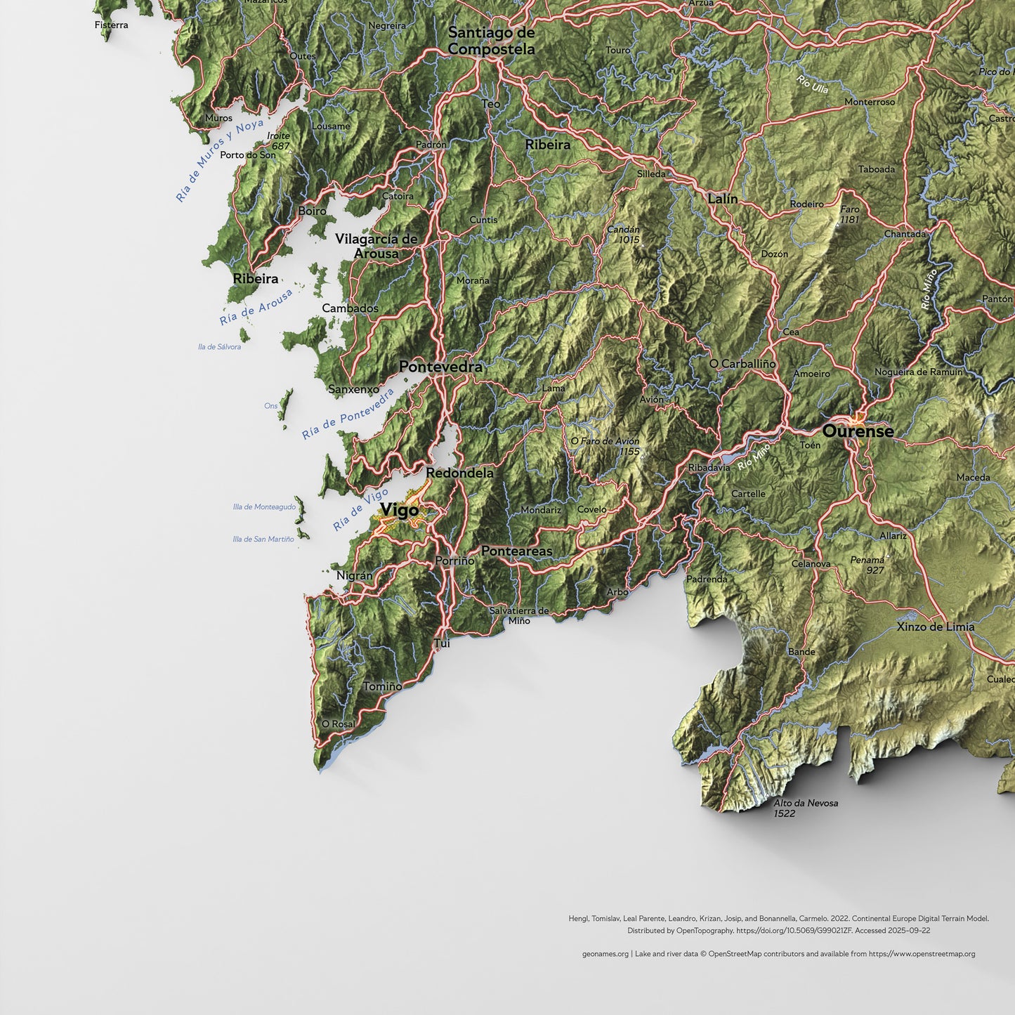 Shaded relief map of Galicia