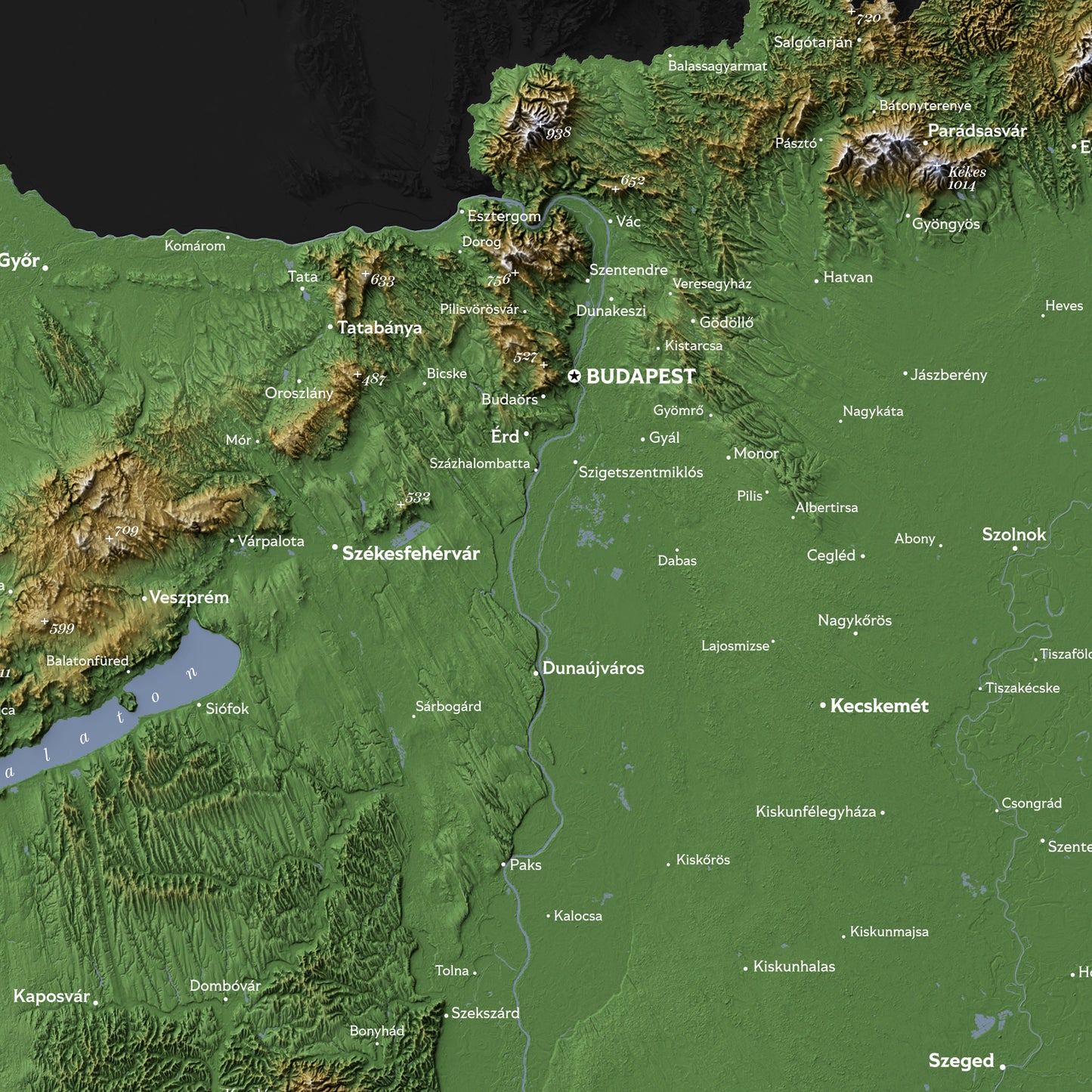 Hungary Topographic Relief Map – Dark Edition Wall Art (2D Print)